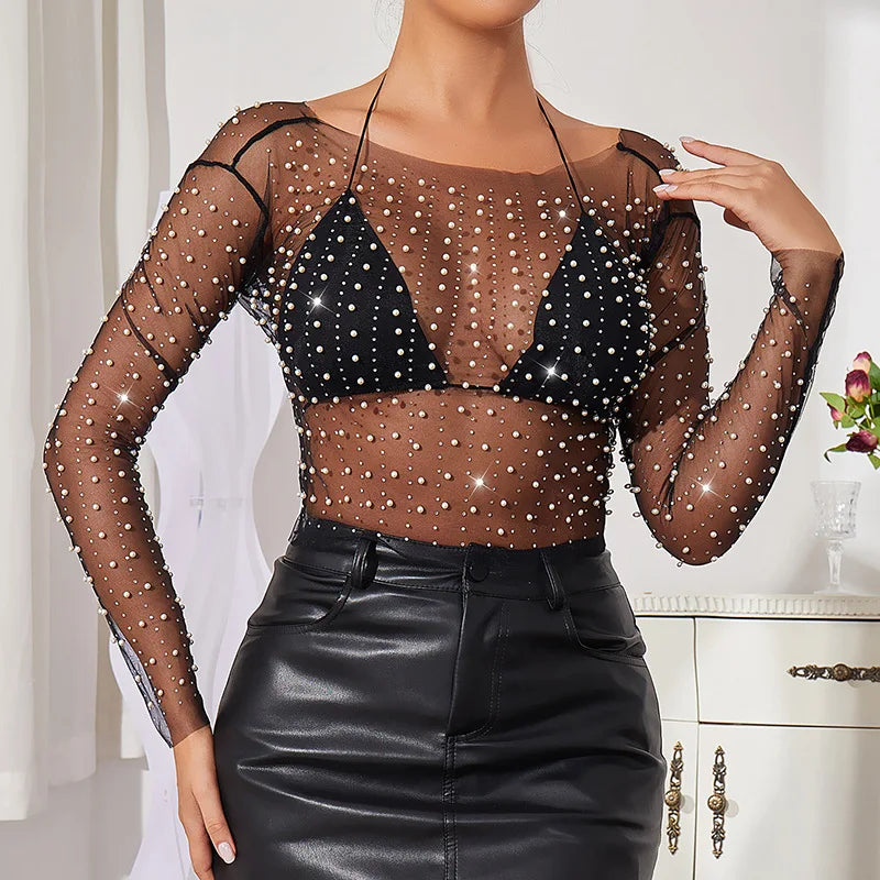 Glam Sheer Mesh Long Sleeve Top with Pearls Neck Sexy Clubwear for Women Summer T-shirt Blouse Mesh Sheer Camisole Top Female