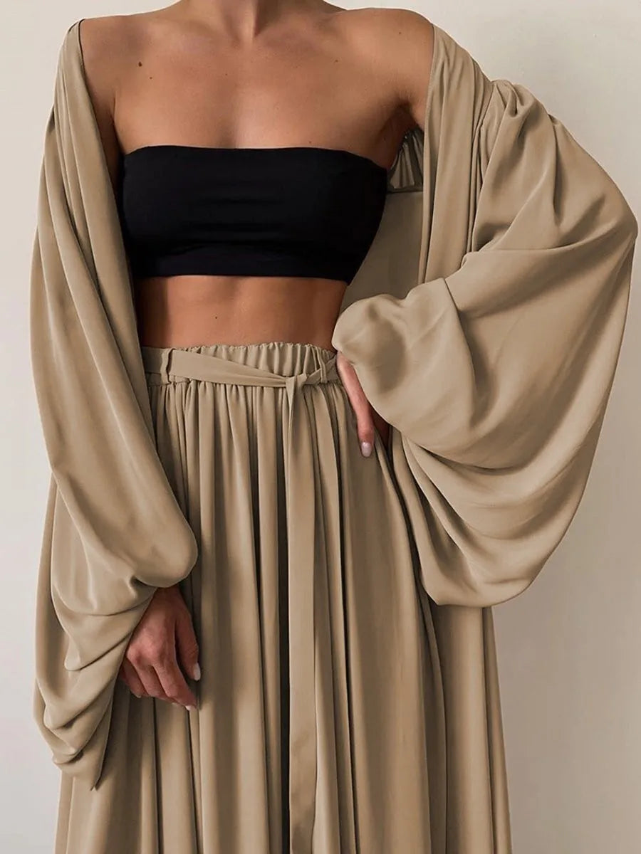 Summer Spring Women's Clothing Two Piece Set Long Sleeve Lantern Sleeve Solid Color Outfit Women's Suit Polyester Streetwear