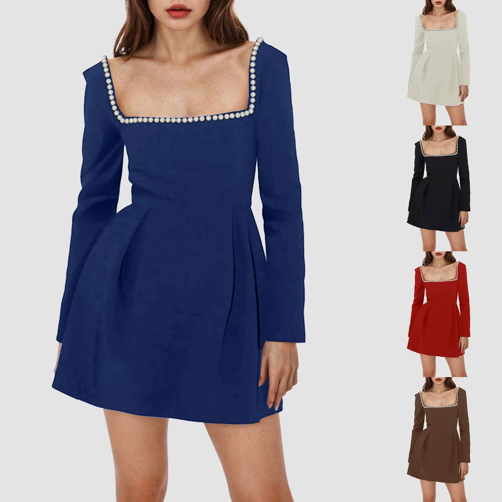 Pearl Square Collar Long Sleeve Mini Dress for Women Robe Backless A-Line Dress Ladies Autumn Fall Elegant Dresses