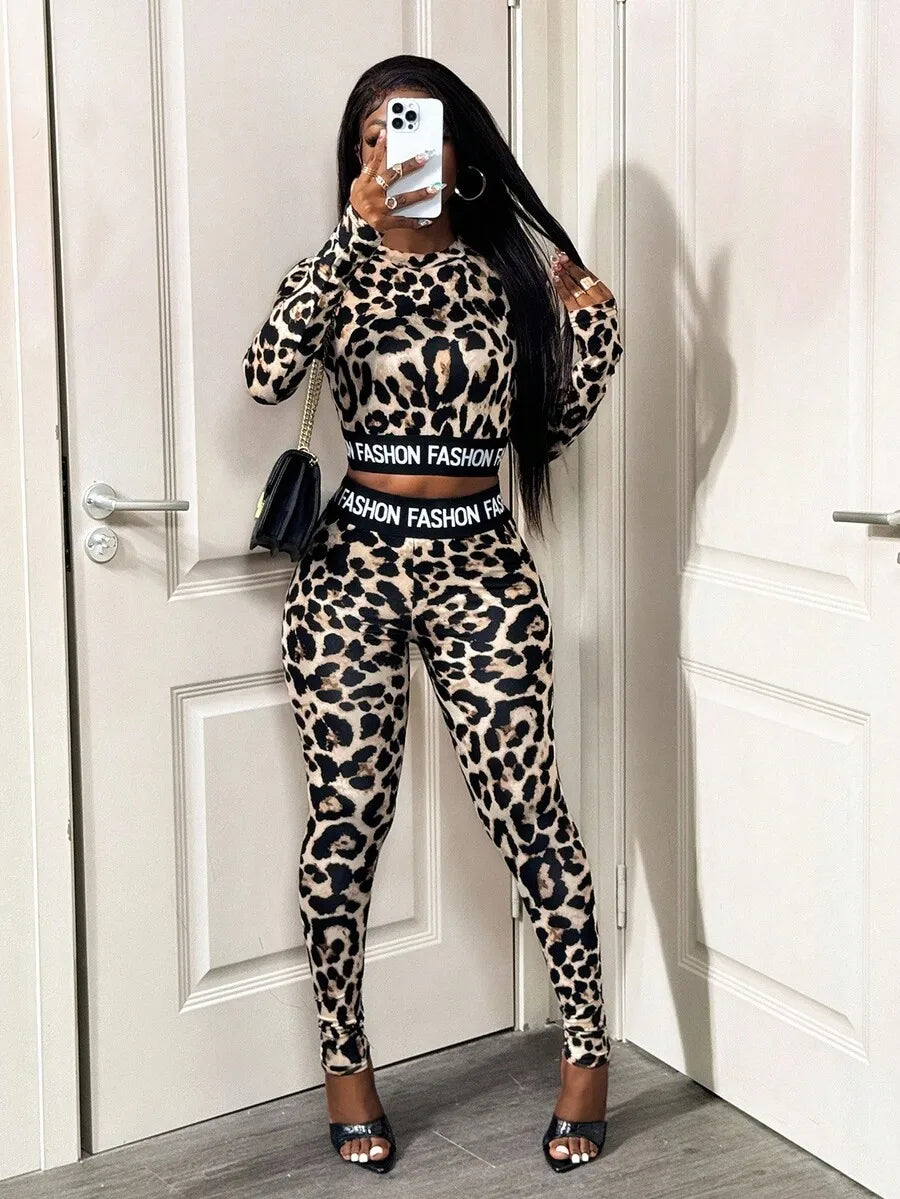 Leopard Print 2-Piece Women's Matching Set with 'FASHION' Waistband, Long Sleeve Crop Top & Leggings