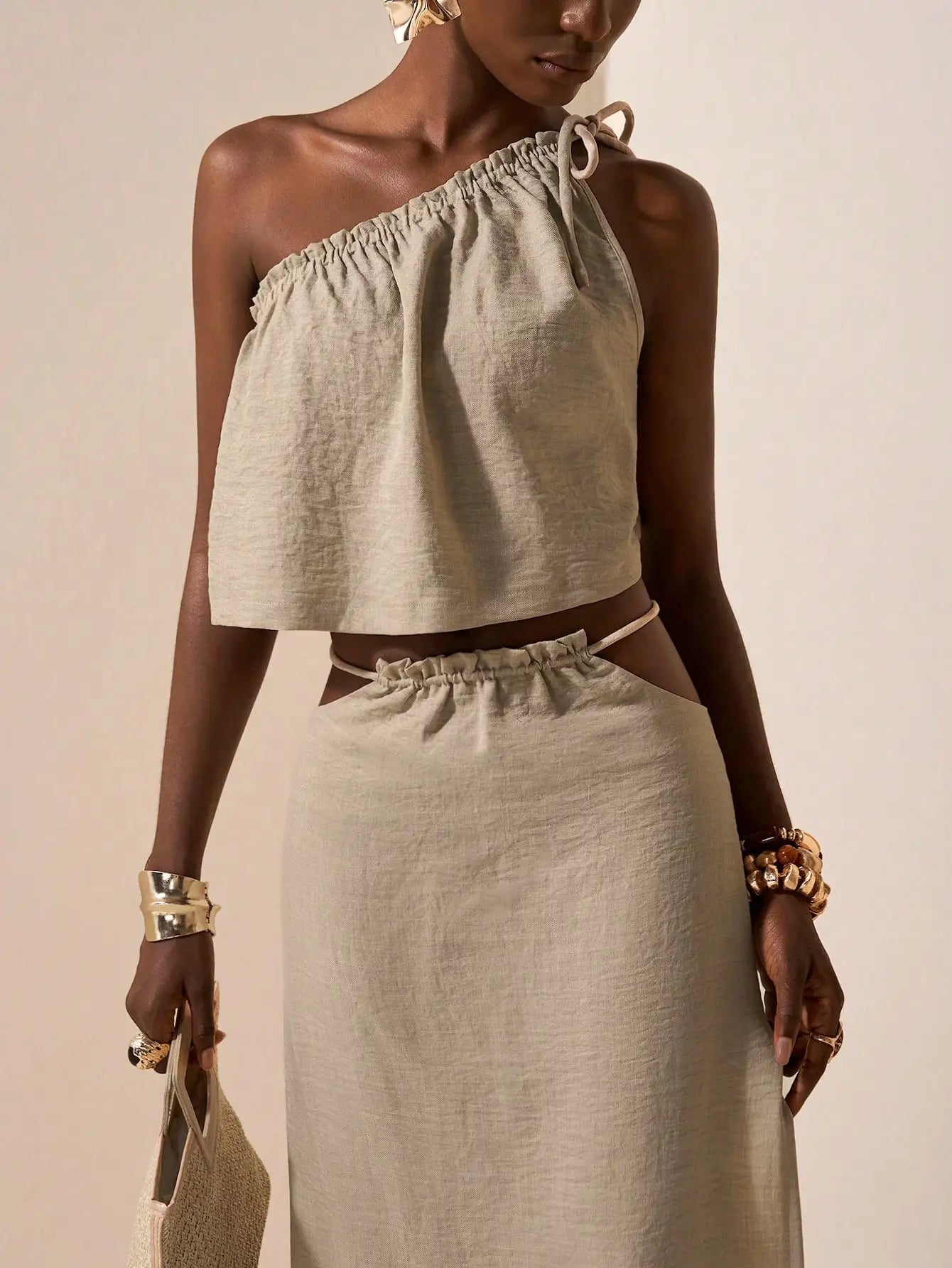 One-Shoulder Linen Two-Piece Set with Asymmetrical Waist, Beige Summer Outfit for Casual & Vacation