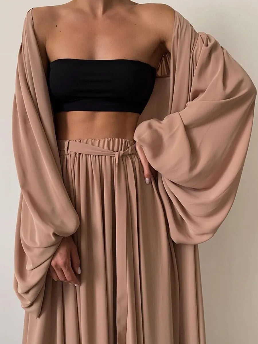 Summer Spring Women's Clothing Two Piece Set Long Sleeve Lantern Sleeve Solid Color Outfit Women's Suit Polyester Streetwear