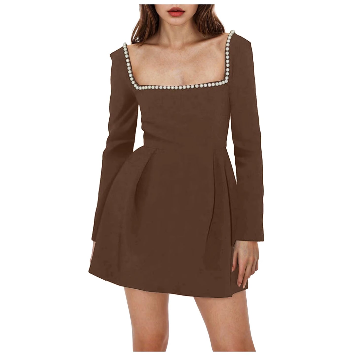 Pearl Square Collar Long Sleeve Mini Dress for Women Robe Backless A-Line Dress Ladies Autumn Fall Elegant Dresses