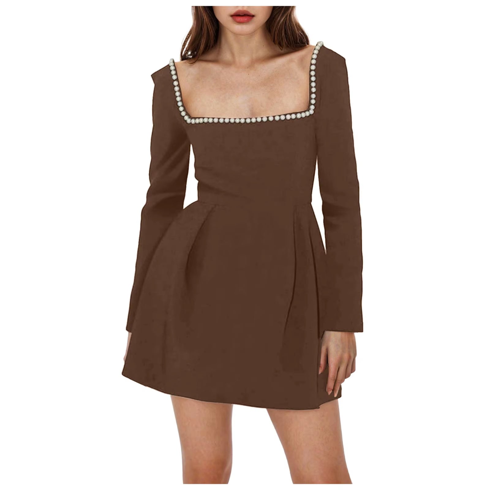 Pearl Square Collar Long Sleeve Mini Dress for Women Robe Backless A-Line Dress Ladies Autumn Fall Elegant Dresses