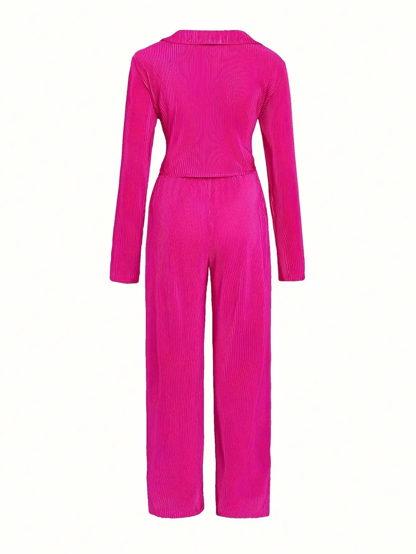 Hot Pink Pleated 2-Piece Set: V-Neck Wrap Crop Top & Wide Leg Pants