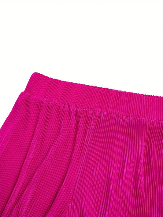 Hot Pink Pleated 2-Piece Set: V-Neck Wrap Crop Top & Wide Leg Pants