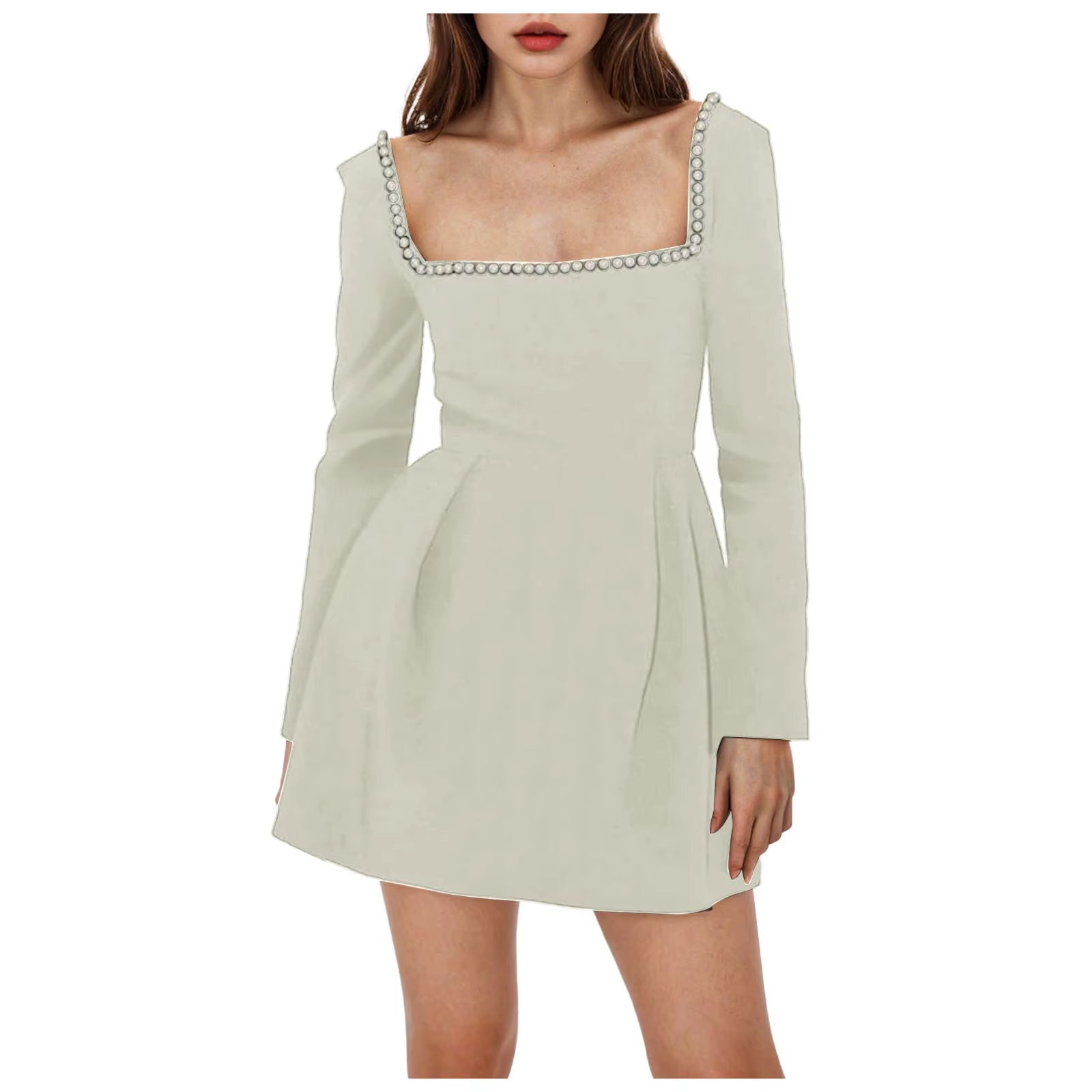 Pearl Square Collar Long Sleeve Mini Dress for Women Robe Backless A-Line Dress Ladies Autumn Fall Elegant Dresses