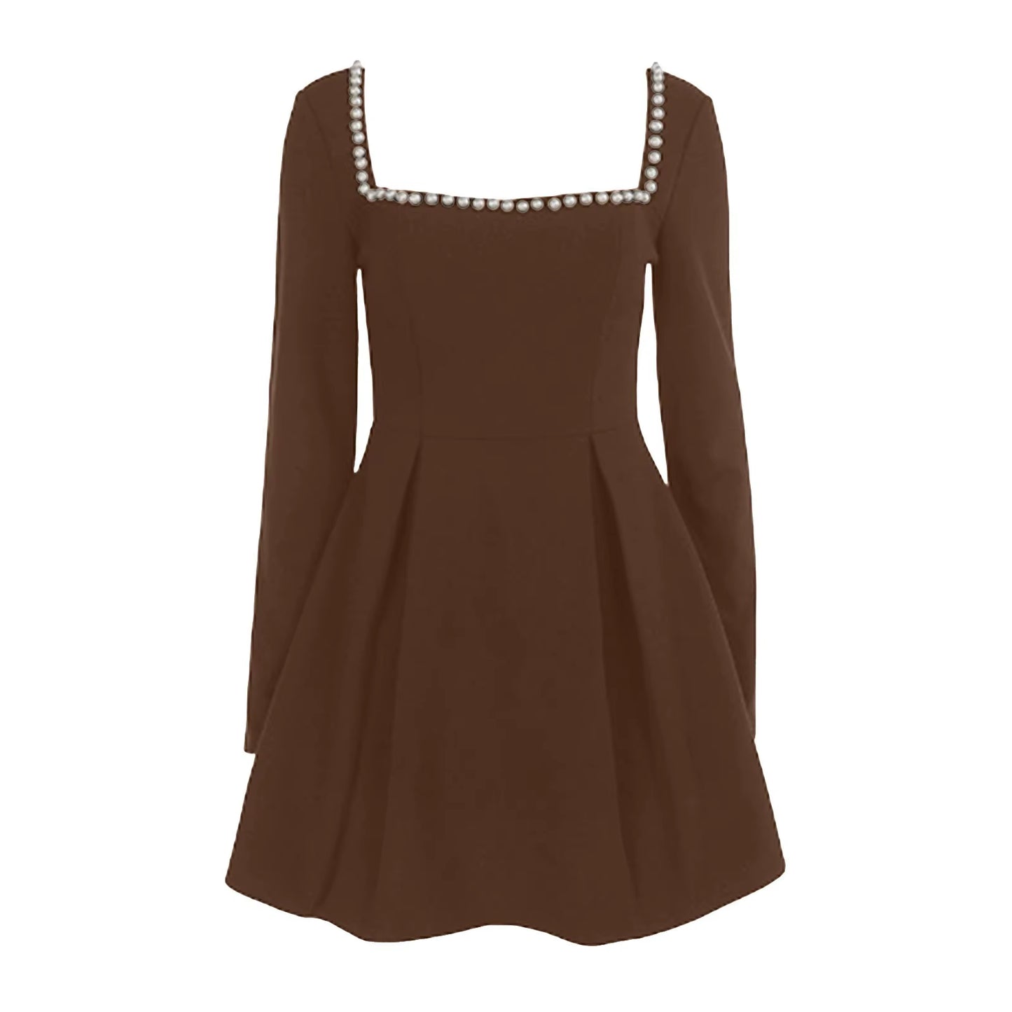 Pearl Square Collar Long Sleeve Mini Dress for Women Robe Backless A-Line Dress Ladies Autumn Fall Elegant Dresses