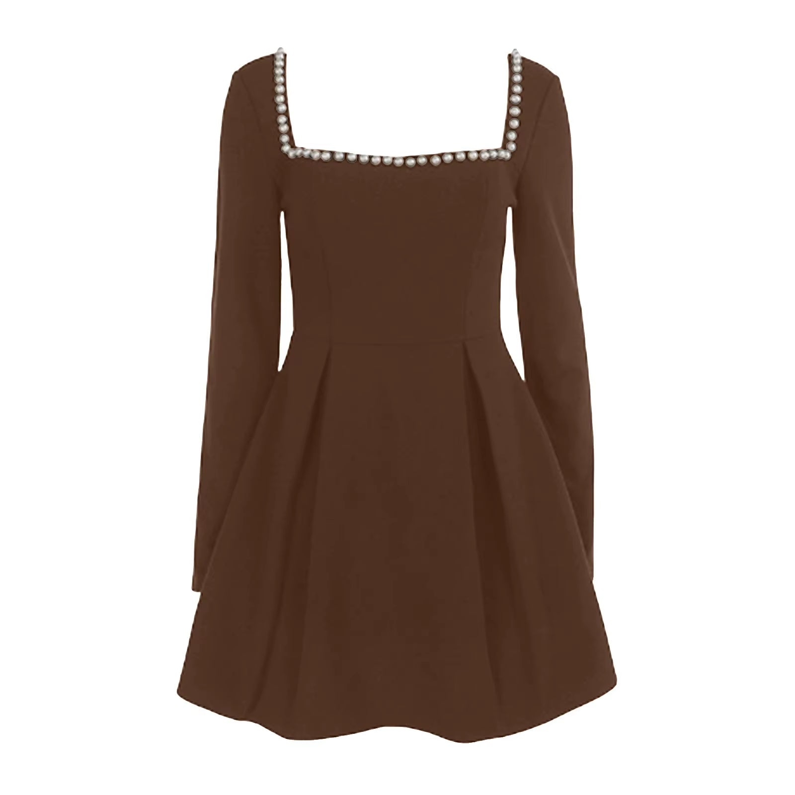 Pearl Square Collar Long Sleeve Mini Dress for Women Robe Backless A-Line Dress Ladies Autumn Fall Elegant Dresses