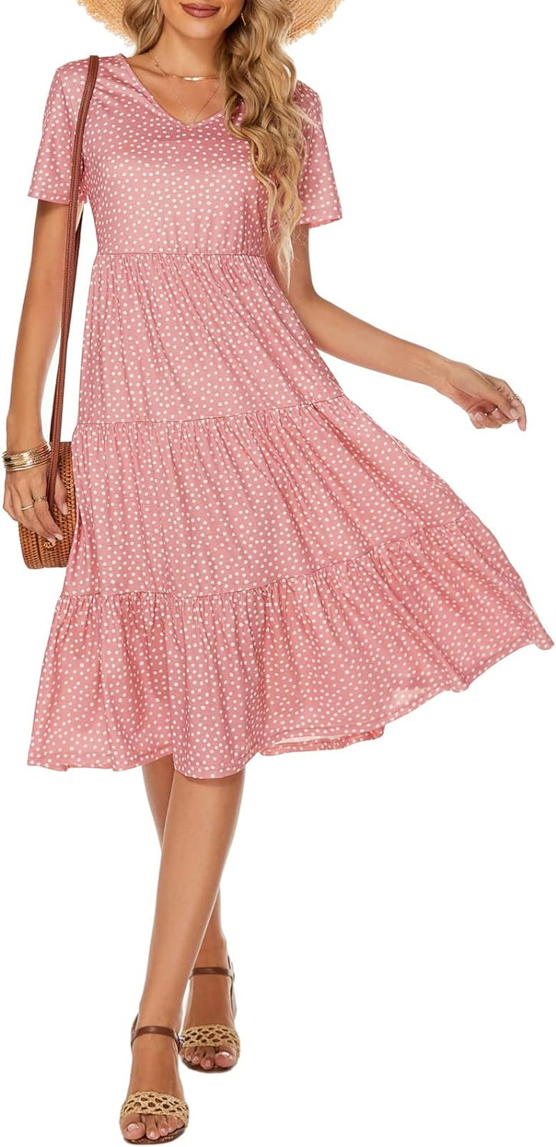 Women'S Casual Summer Tiered Midi Dress Short Sleeve V-Neck Loose Cotton Ruffle Babydoll Dress Boho Sundress