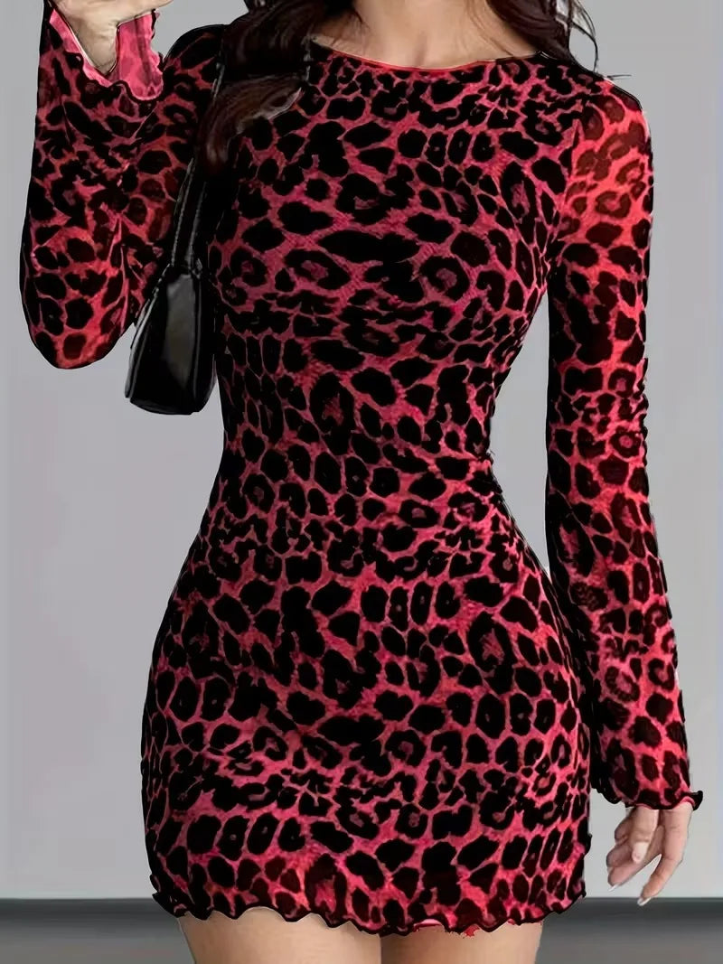 Fashion Bodycon Mini Dress Womens Leopard Print O Neck Long Sleeve Elegant Mesh Skirt Vacation Seaside Dresses For Women Vestido