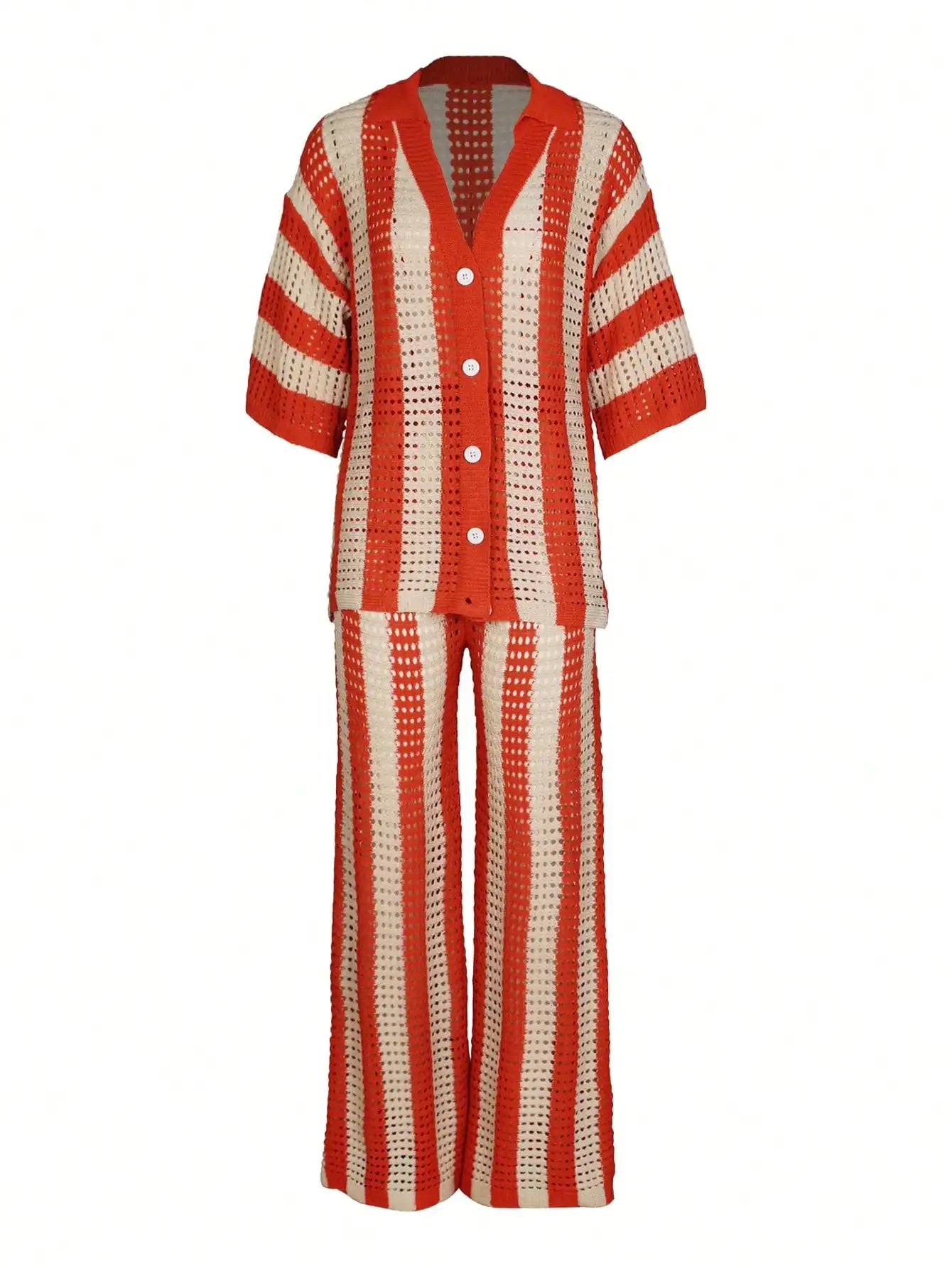 Women's Orange & Beige Striped Knitted Hollow-Out Set with V-Neck Top and Wide-Leg Pants