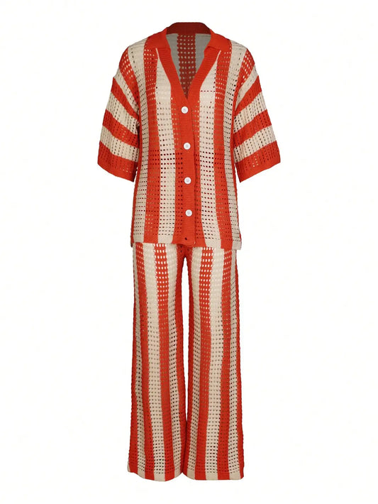Women's Orange & Beige Striped Knitted Hollow-Out Set with V-Neck Top and Wide-Leg Pants