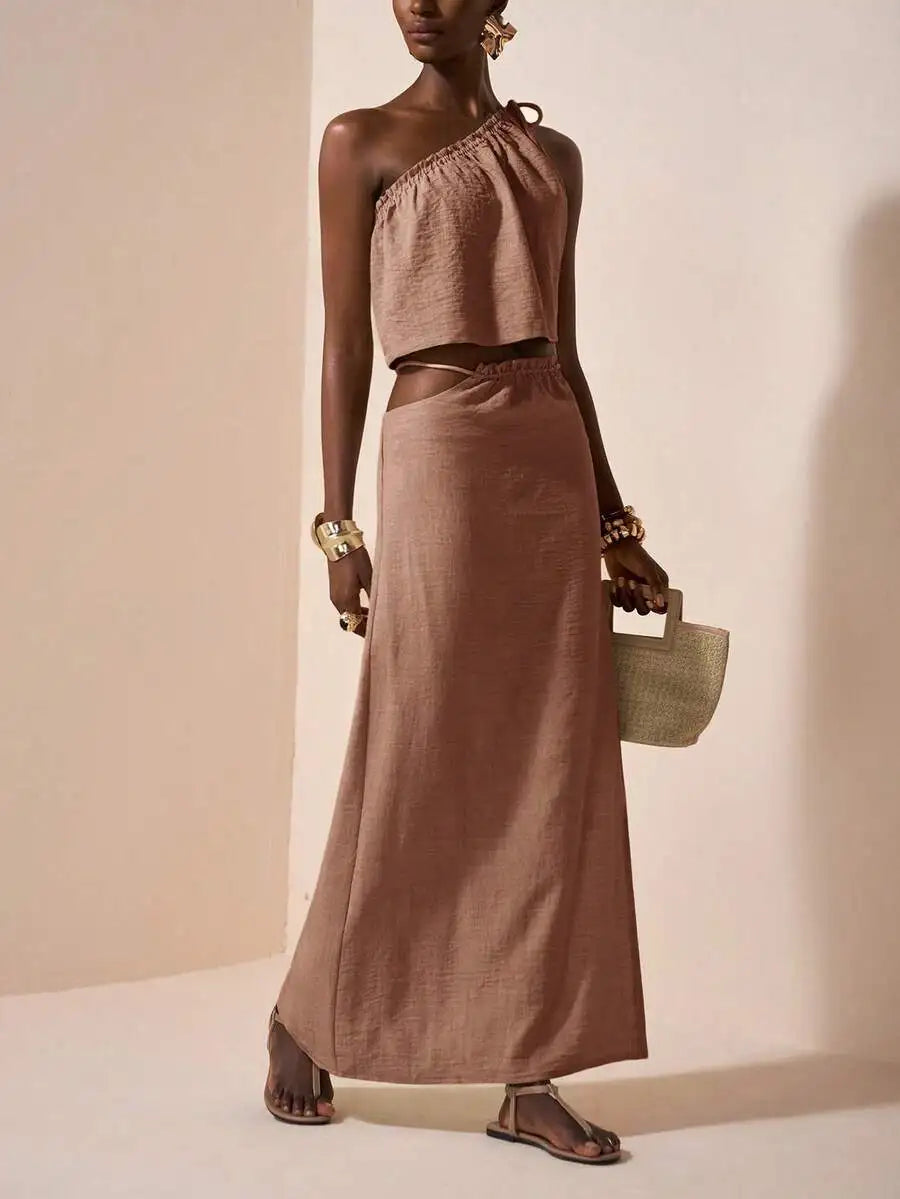 One-Shoulder Linen Two-Piece Set with Asymmetrical Waist, Beige Summer Outfit for Casual & Vacation