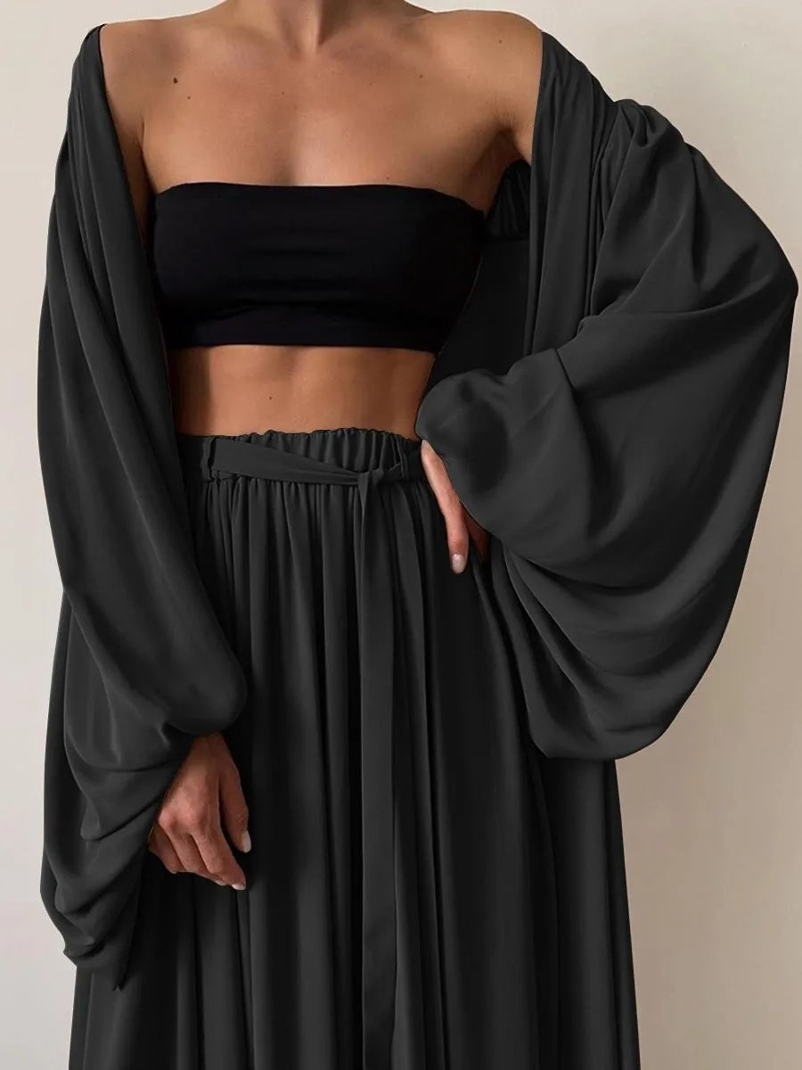 Summer Spring Women's Clothing Two Piece Set Long Sleeve Lantern Sleeve Solid Color Outfit Women's Suit Polyester Streetwear