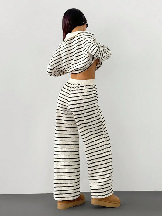 Women's 2-Piece Striped Knit Set: Cropped V-Neck Top & Wide-Leg Pants
