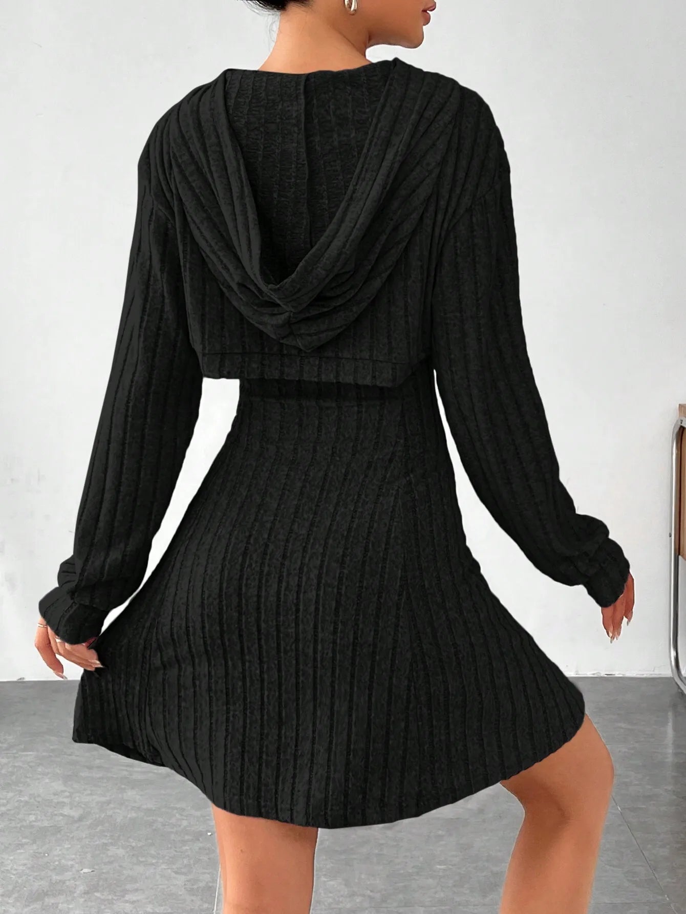 Women's Ribbed Knit Crop Top & Flared Skirt Set with Cutout Detail