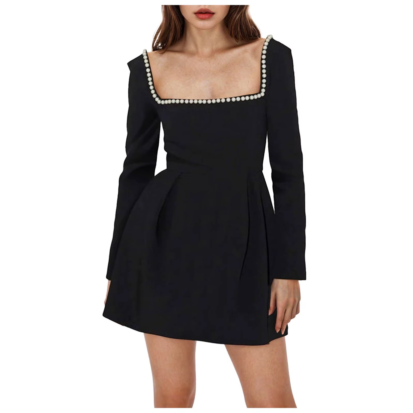 Pearl Square Collar Long Sleeve Mini Dress for Women Robe Backless A-Line Dress Ladies Autumn Fall Elegant Dresses