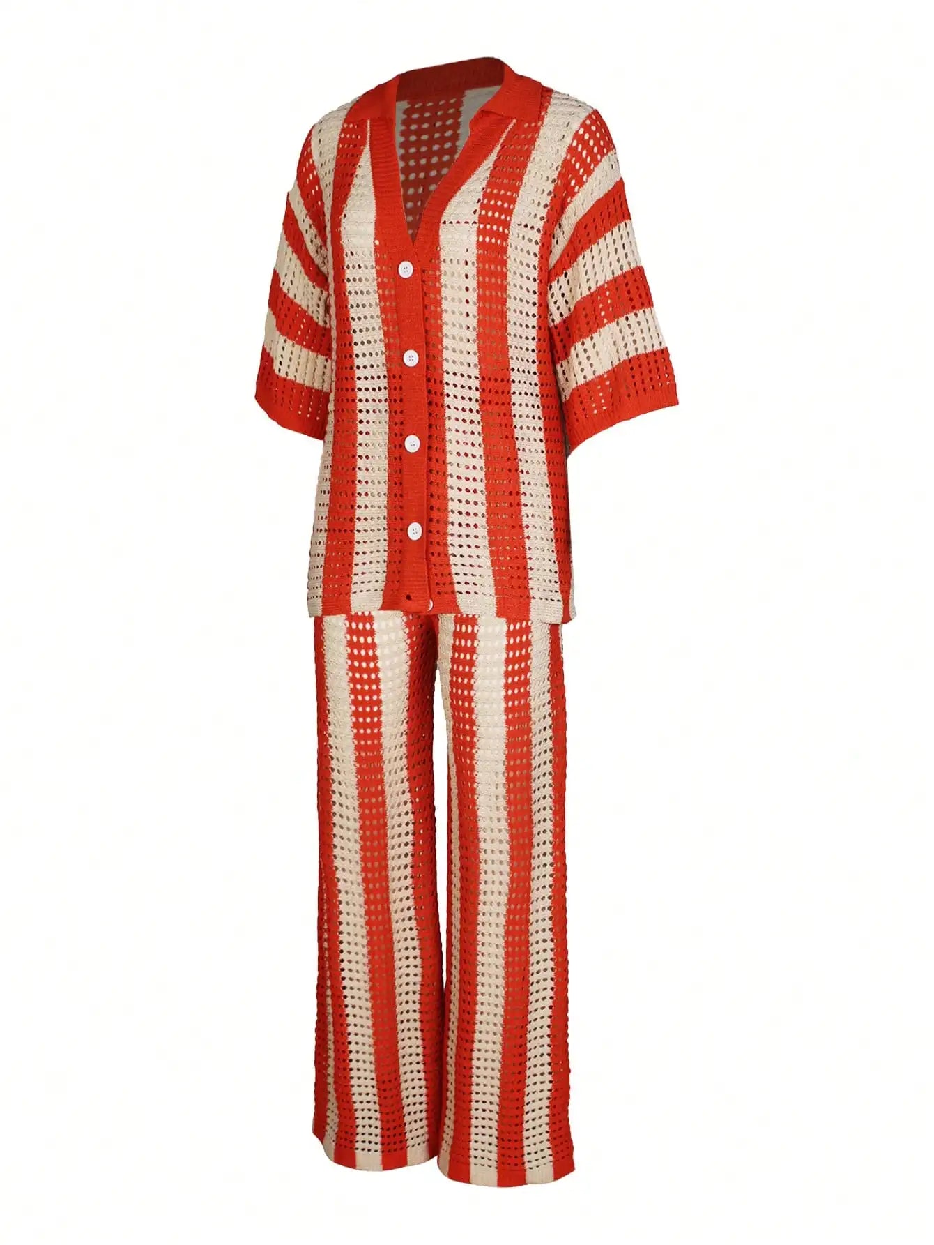 Women's Orange & Beige Striped Knitted Hollow-Out Set with V-Neck Top and Wide-Leg Pants