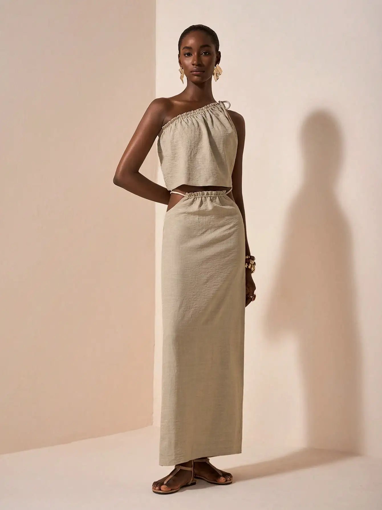 One-Shoulder Linen Two-Piece Set with Asymmetrical Waist, Beige Summer Outfit for Casual & Vacation
