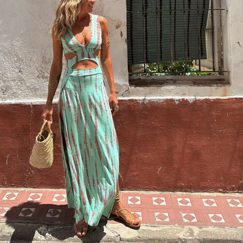 Elegant Sleeveless Split Long Dress for Women – High Waist, Hollow Out, Printed Party & Vacation Dress