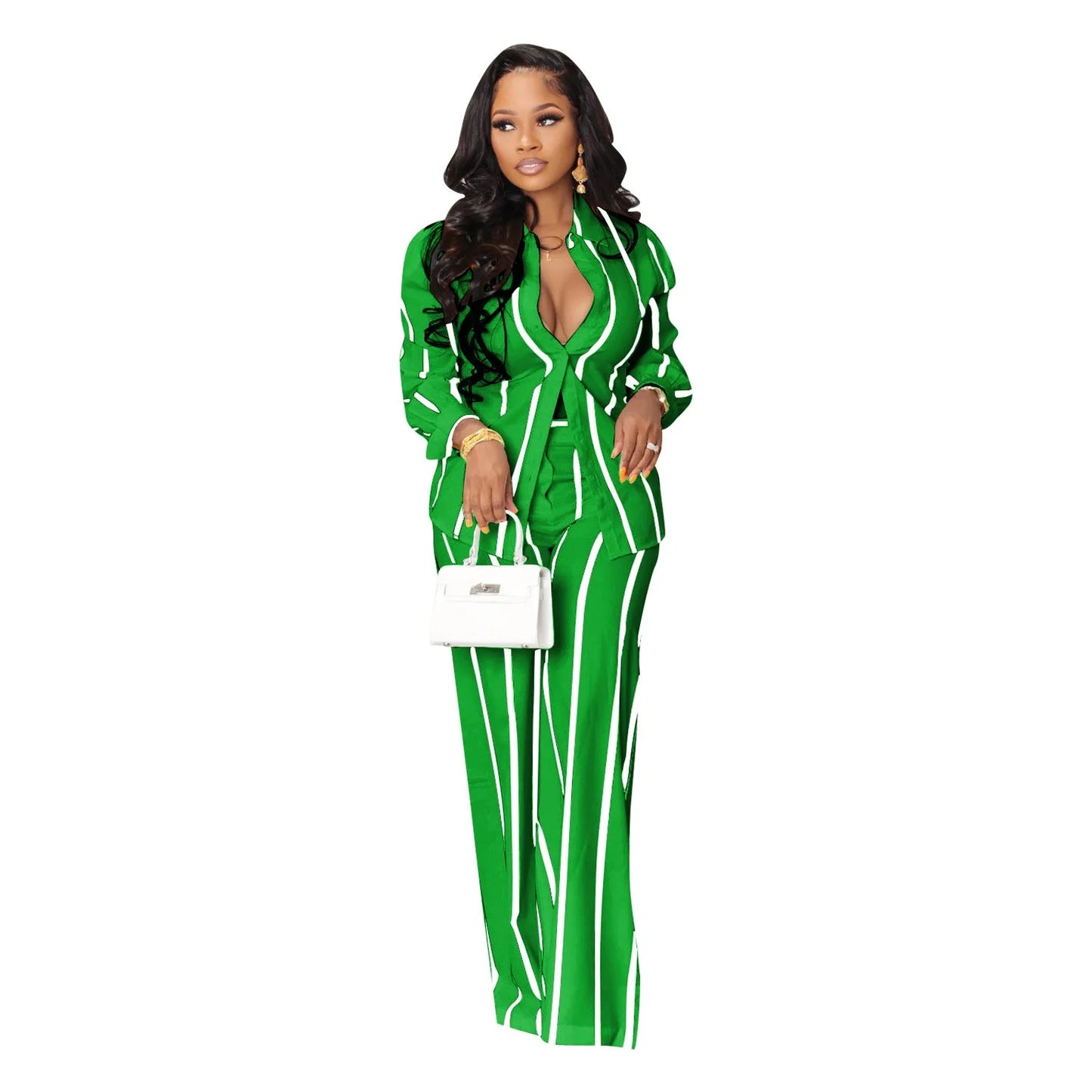 Women Outfit Two Piece Set Elegant Blouse Striped Print Long Sleeve Loose Fit Casual Summer Wear Female Clothing Sets Style