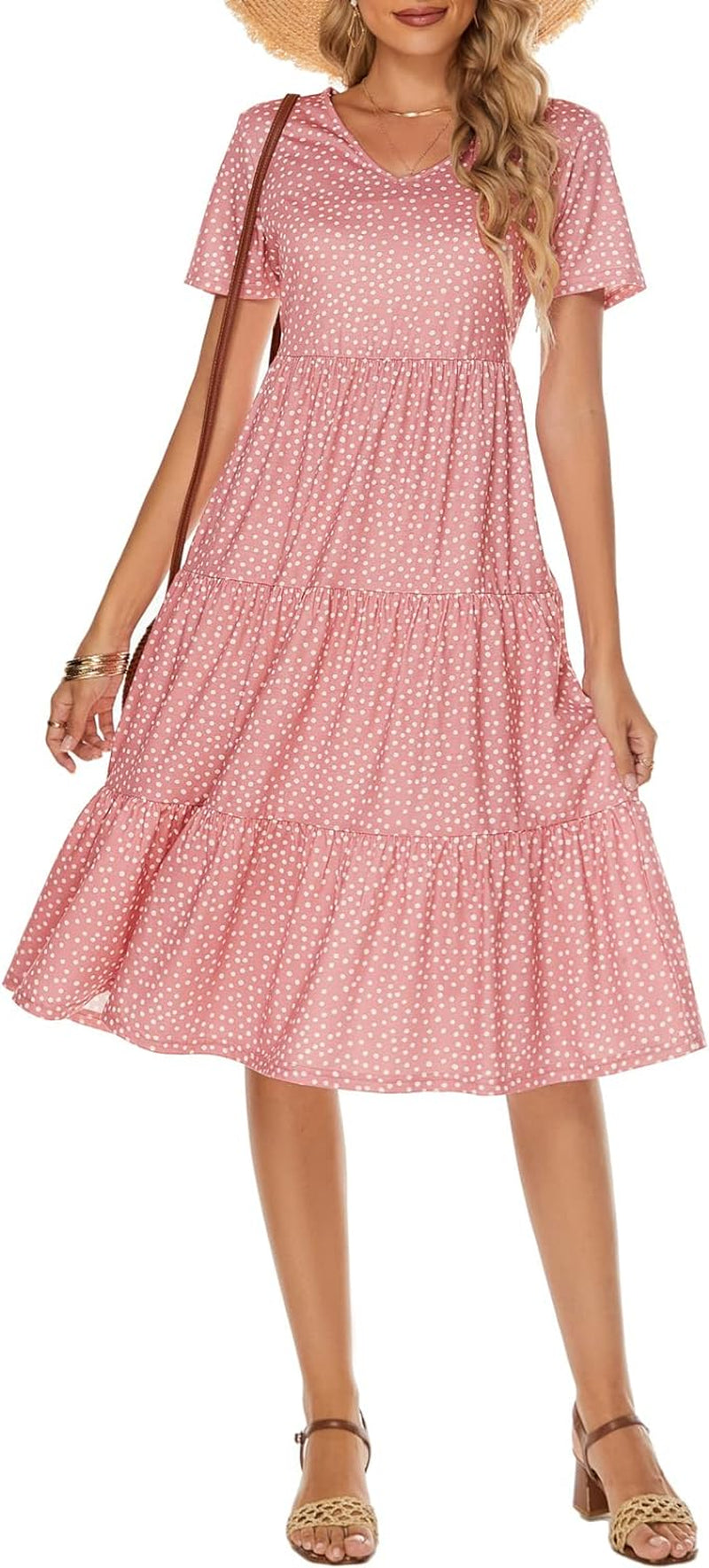 Women'S Casual Summer Tiered Midi Dress Short Sleeve V-Neck Loose Cotton Ruffle Babydoll Dress Boho Sundress