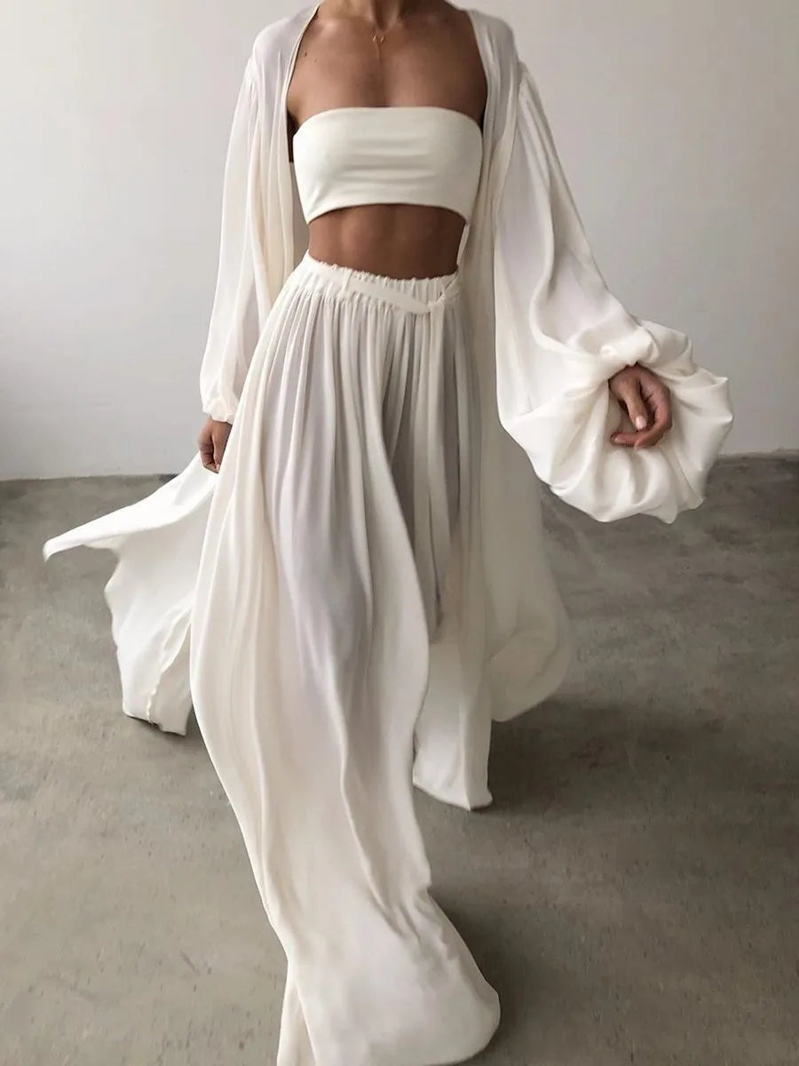 Summer Spring Women's Clothing Two Piece Set Long Sleeve Lantern Sleeve Solid Color Outfit Women's Suit Polyester Streetwear