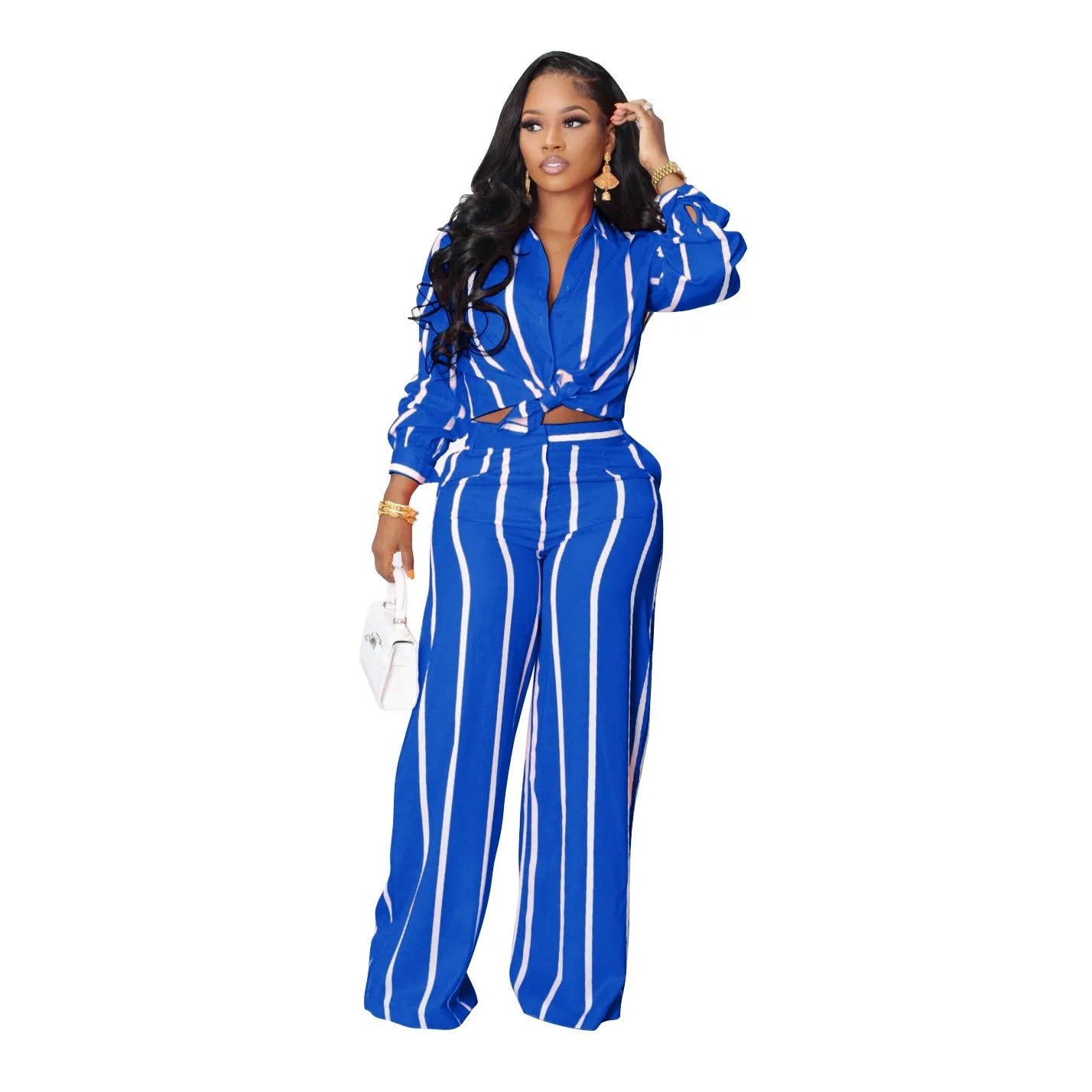 Women Outfit Two Piece Set Elegant Blouse Striped Print Long Sleeve Loose Fit Casual Summer Wear Female Clothing Sets Style