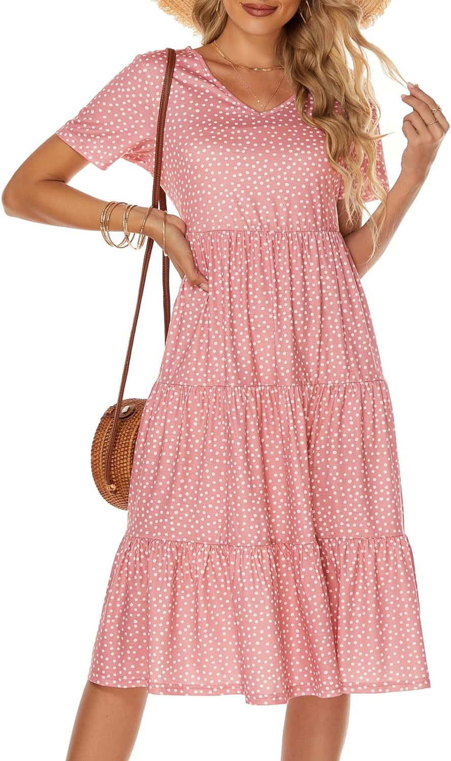 Women'S Casual Summer Tiered Midi Dress Short Sleeve V-Neck Loose Cotton Ruffle Babydoll Dress Boho Sundress