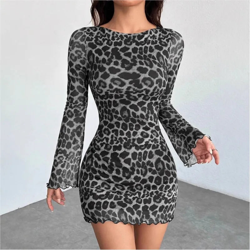 Fashion Bodycon Mini Dress Womens Leopard Print O Neck Long Sleeve Elegant Mesh Skirt Vacation Seaside Dresses For Women Vestido