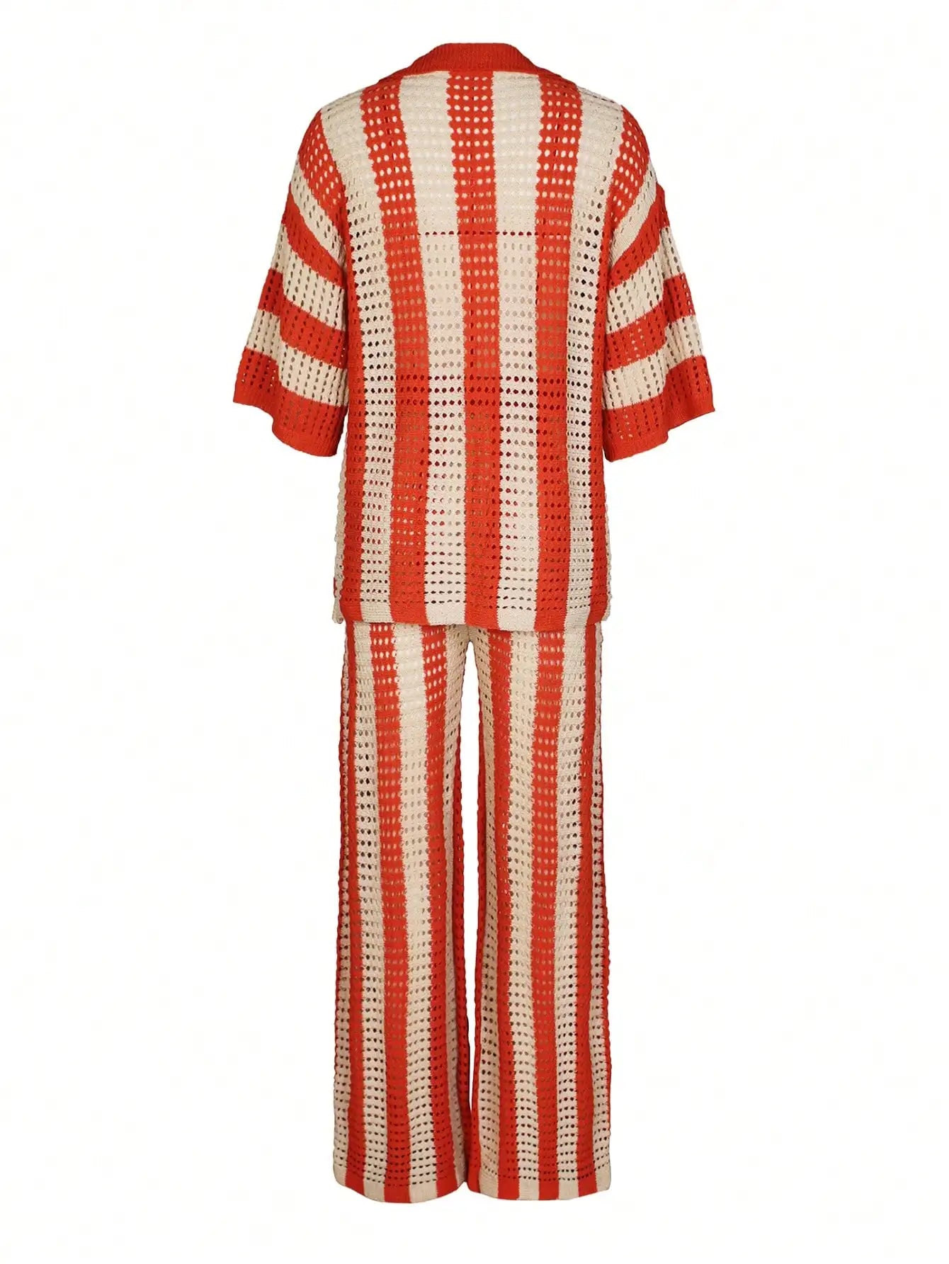 Women's Orange & Beige Striped Knitted Hollow-Out Set with V-Neck Top and Wide-Leg Pants