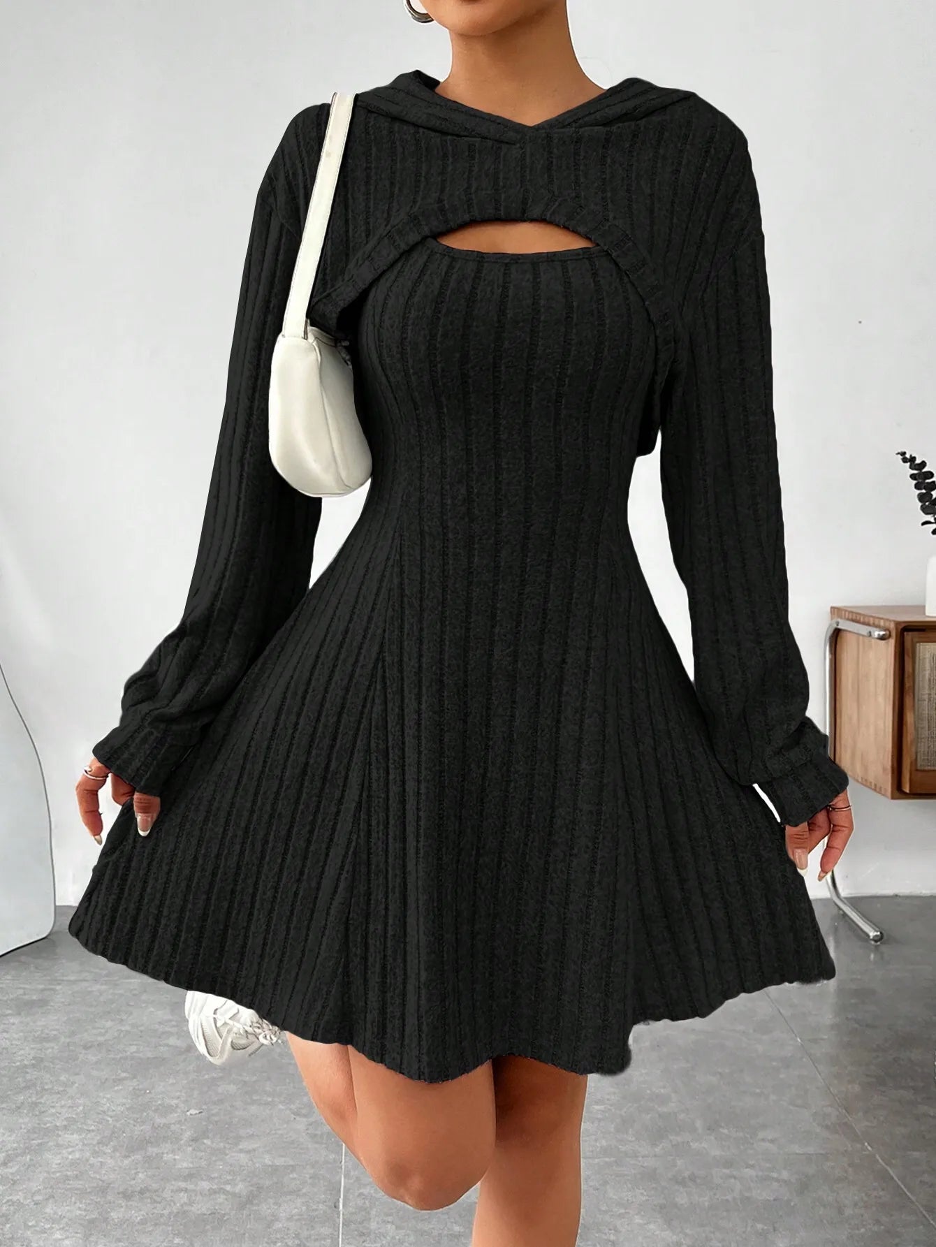 Women's Ribbed Knit Crop Top & Flared Skirt Set with Cutout Detail