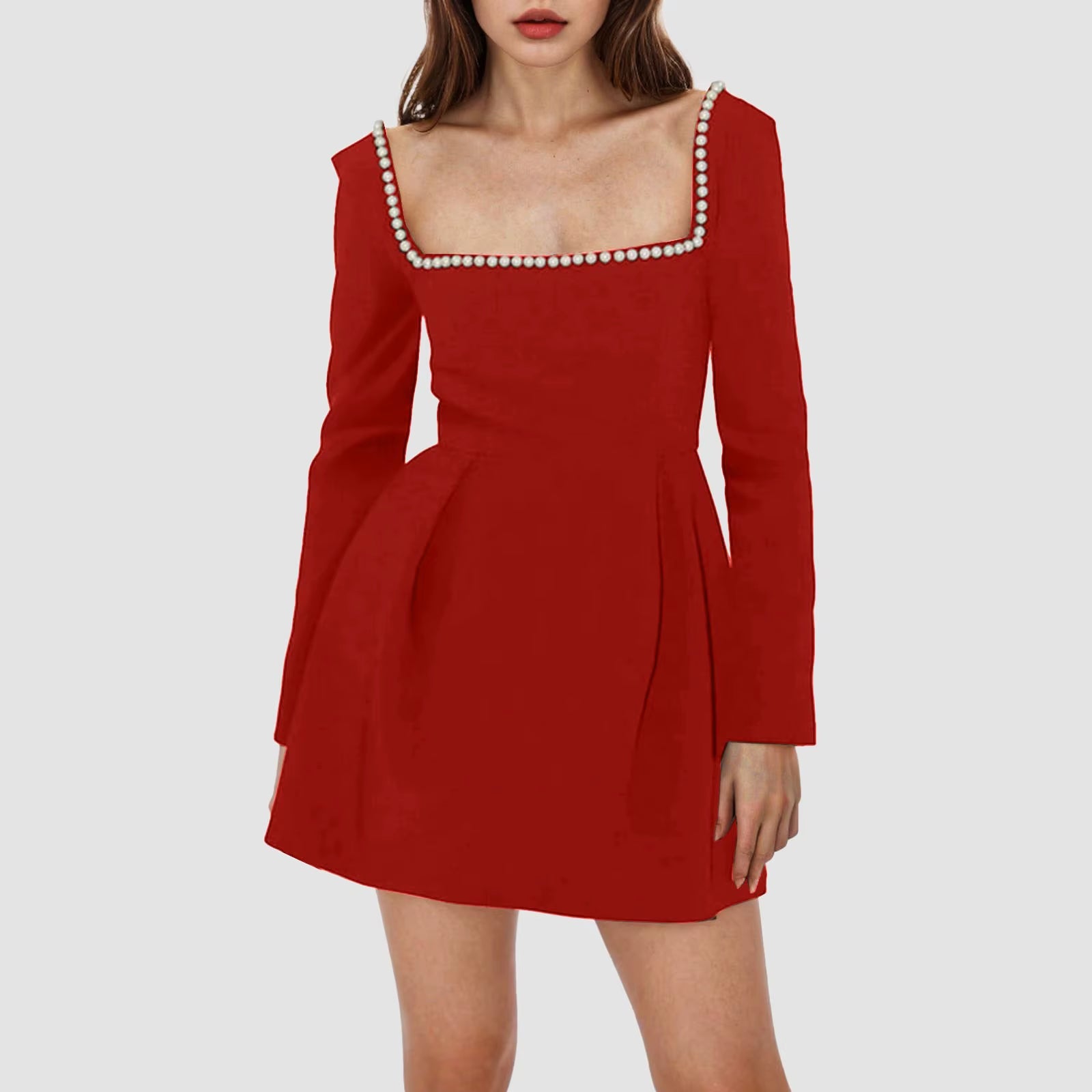Pearl Square Collar Long Sleeve Mini Dress for Women Robe Backless A-Line Dress Ladies Autumn Fall Elegant Dresses