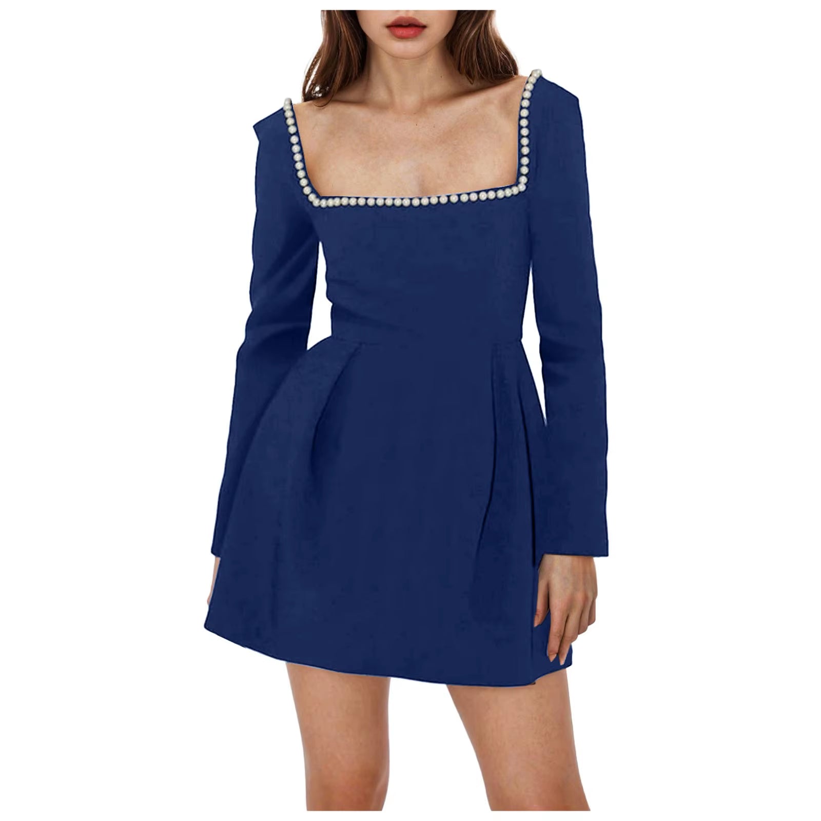 Pearl Square Collar Long Sleeve Mini Dress for Women Robe Backless A-Line Dress Ladies Autumn Fall Elegant Dresses