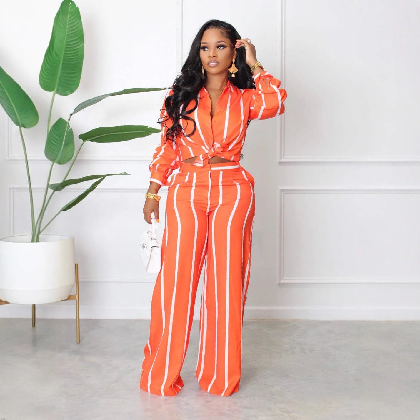 Women Outfit Two Piece Set Elegant Blouse Striped Print Long Sleeve Loose Fit Casual Summer Wear Female Clothing Sets Style