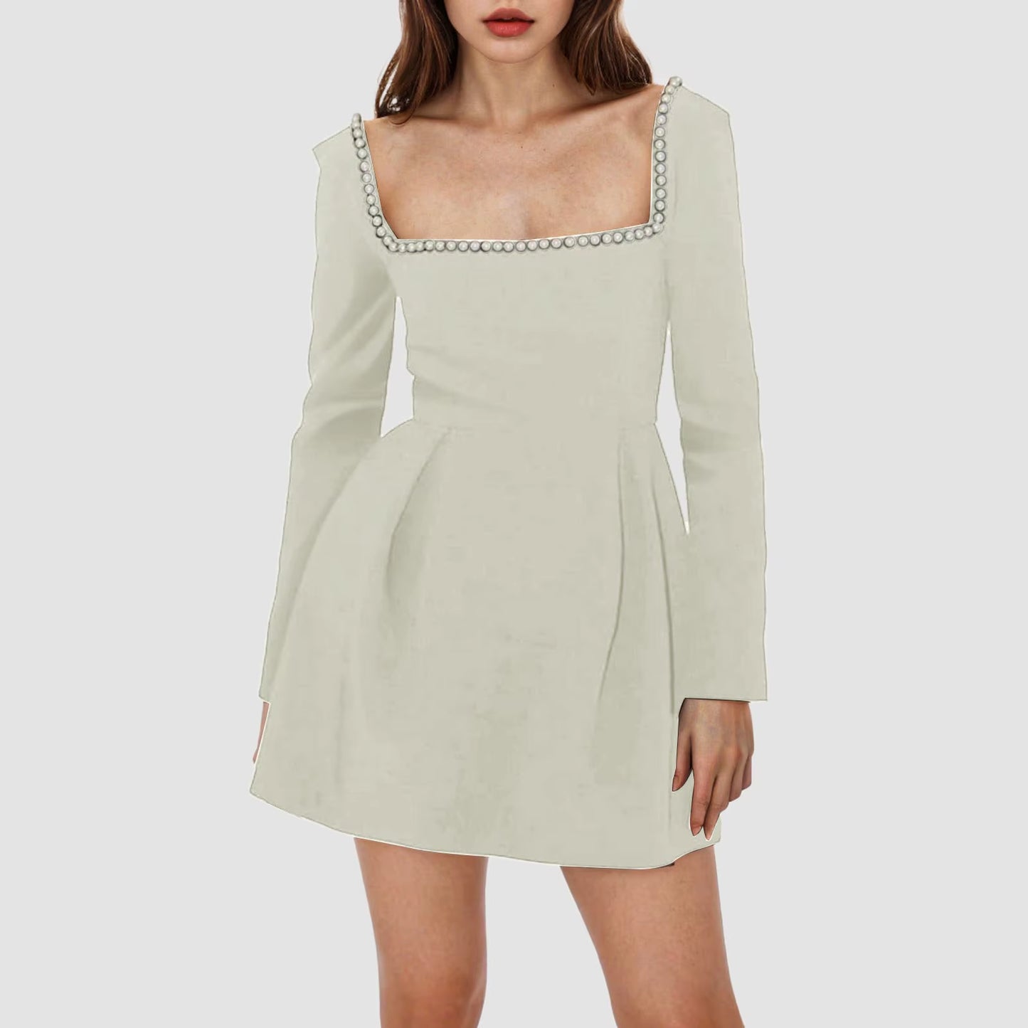 Pearl Square Collar Long Sleeve Mini Dress for Women Robe Backless A-Line Dress Ladies Autumn Fall Elegant Dresses