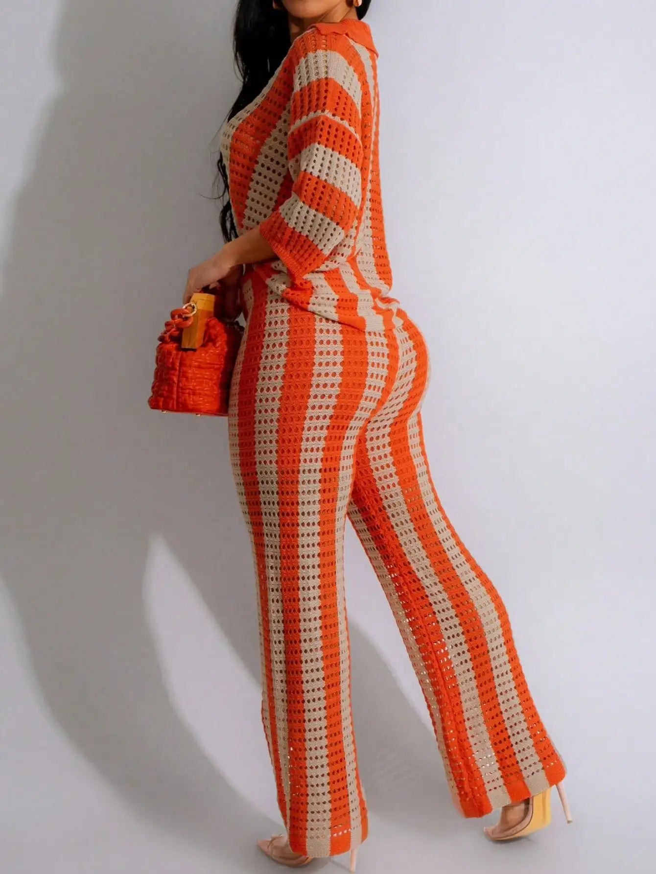 Women's Orange & Beige Striped Knitted Hollow-Out Set with V-Neck Top and Wide-Leg Pants