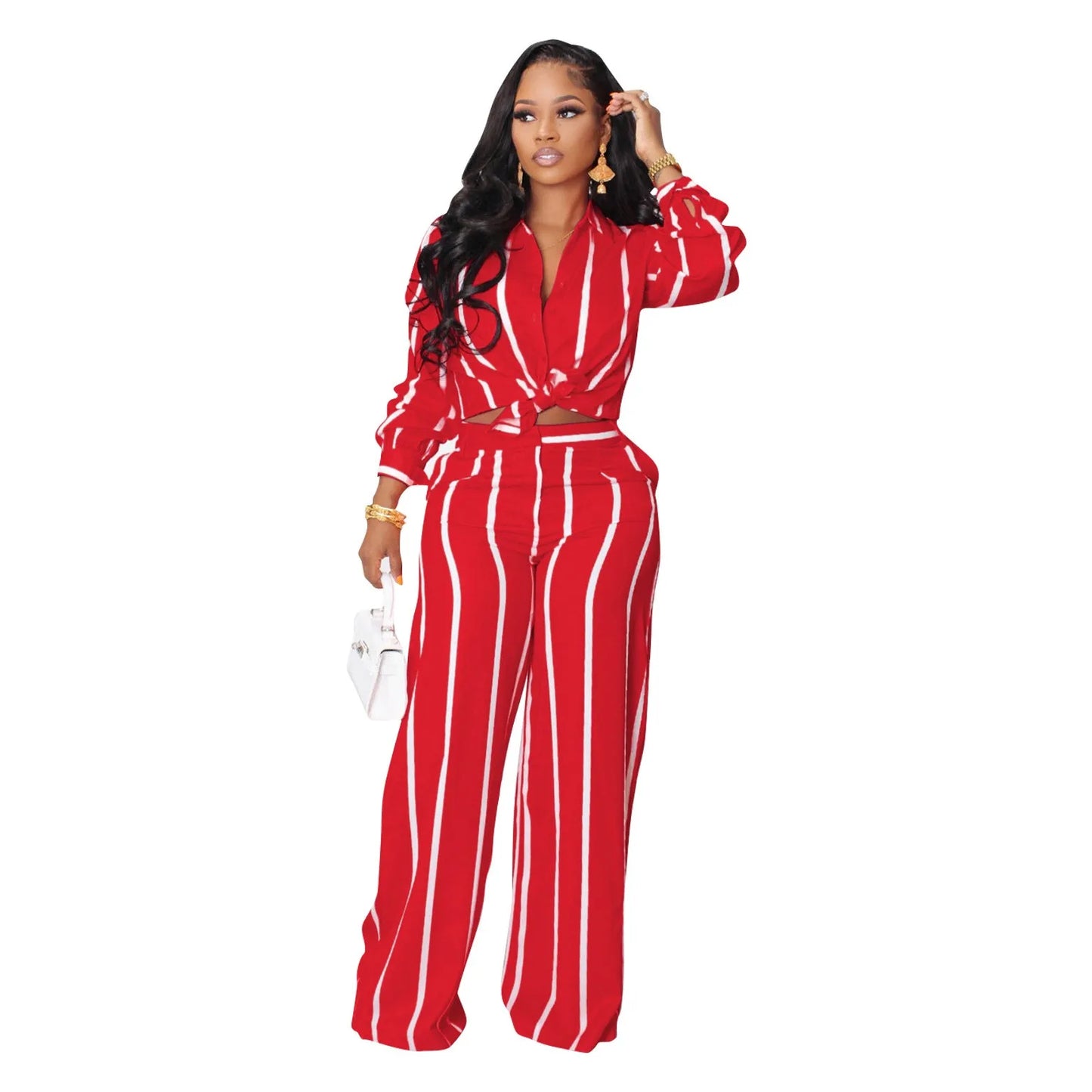 Women Outfit Two Piece Set Elegant Blouse Striped Print Long Sleeve Loose Fit Casual Summer Wear Female Clothing Sets Style