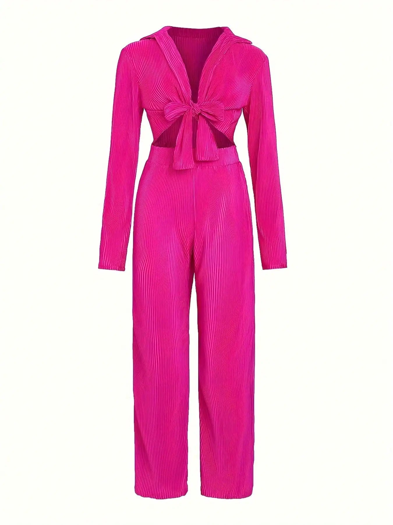 Hot Pink Pleated 2-Piece Set: V-Neck Wrap Crop Top & Wide Leg Pants