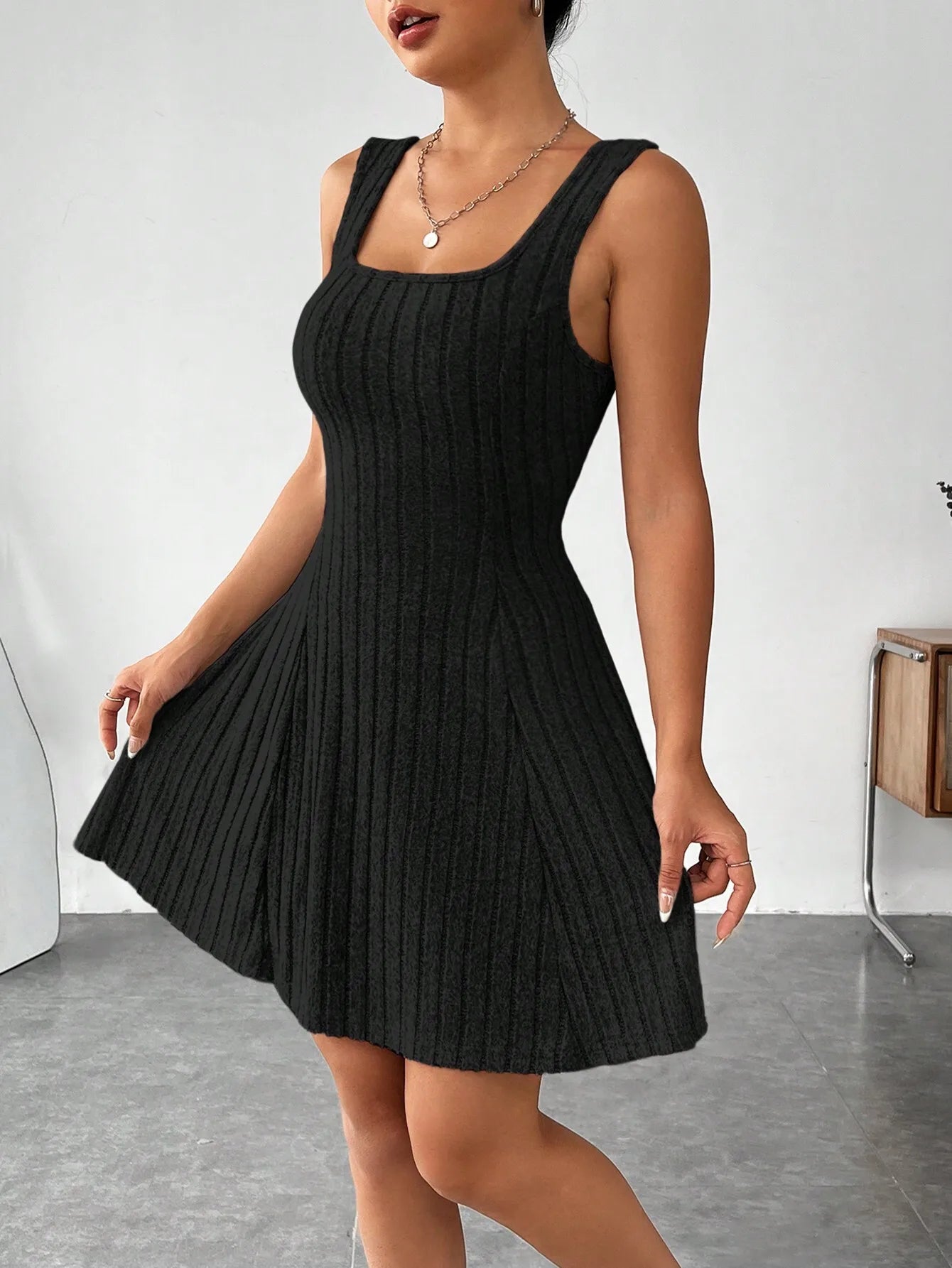 Women's Ribbed Knit Crop Top & Flared Skirt Set with Cutout Detail