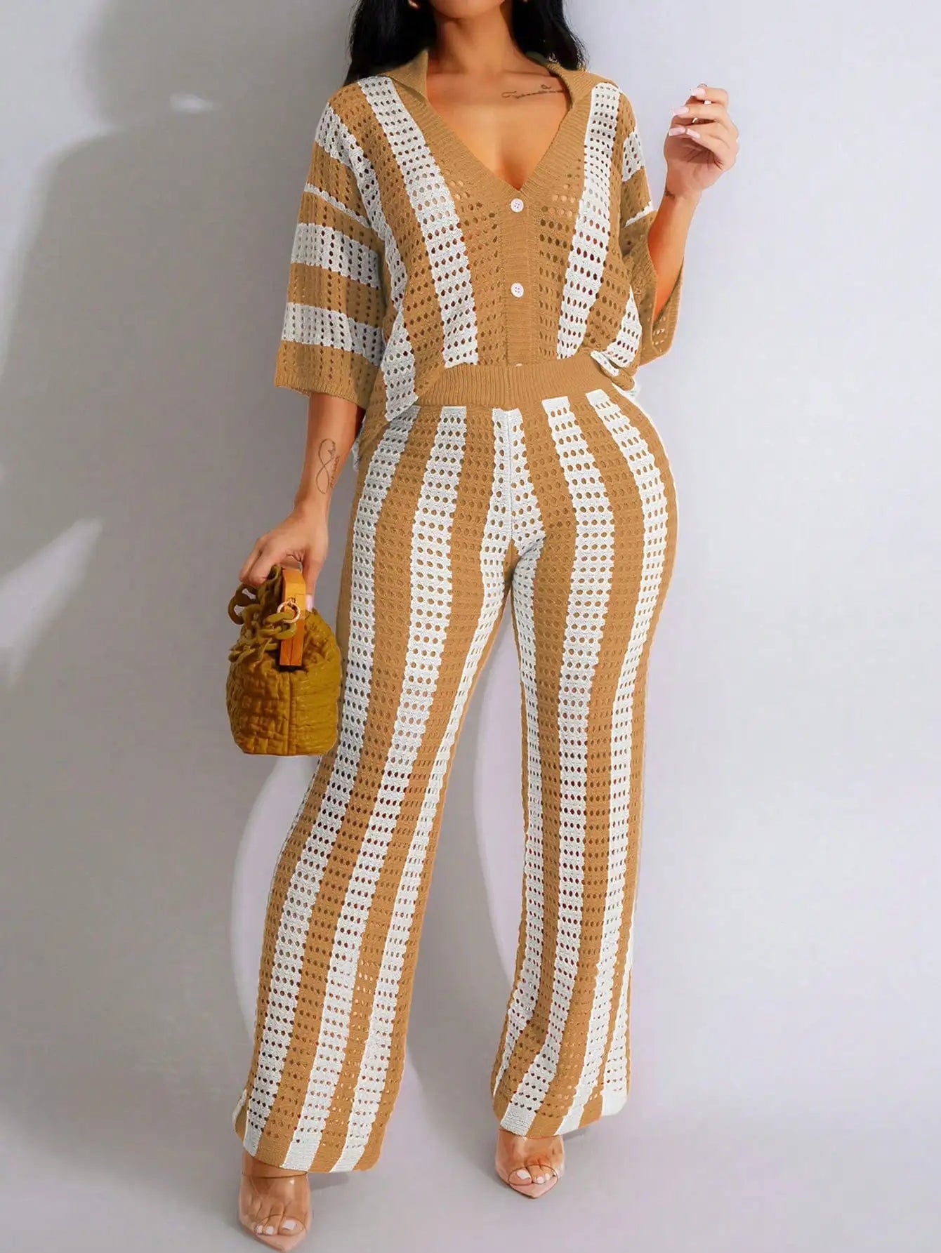 Women's Orange & Beige Striped Knitted Hollow-Out Set with V-Neck Top and Wide-Leg Pants