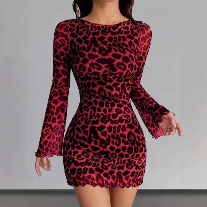 Fashion Bodycon Mini Dress Womens Leopard Print O Neck Long Sleeve Elegant Mesh Skirt Vacation Seaside Dresses For Women Vestido