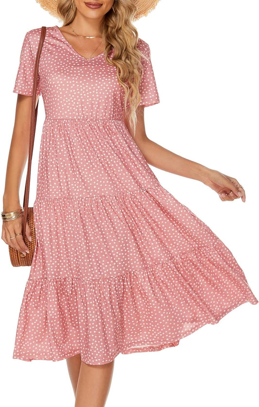 Women'S Casual Summer Tiered Midi Dress Short Sleeve V-Neck Loose Cotton Ruffle Babydoll Dress Boho Sundress