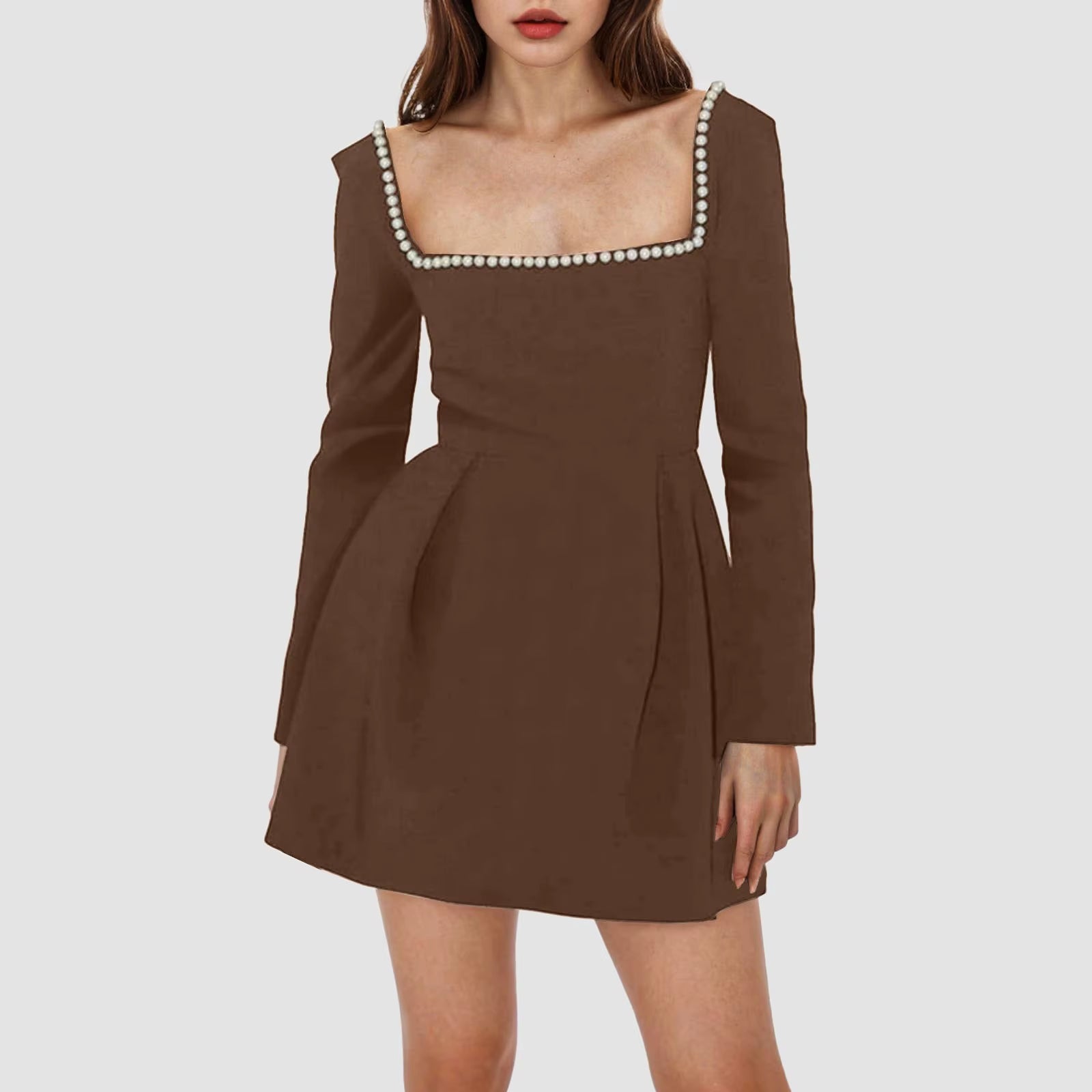 Pearl Square Collar Long Sleeve Mini Dress for Women Robe Backless A-Line Dress Ladies Autumn Fall Elegant Dresses