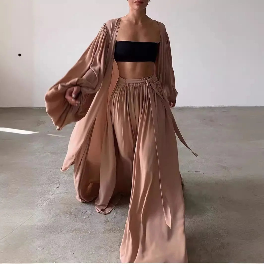 Summer Spring Women's Clothing Two Piece Set Long Sleeve Lantern Sleeve Solid Color Outfit Women's Suit Polyester Streetwear