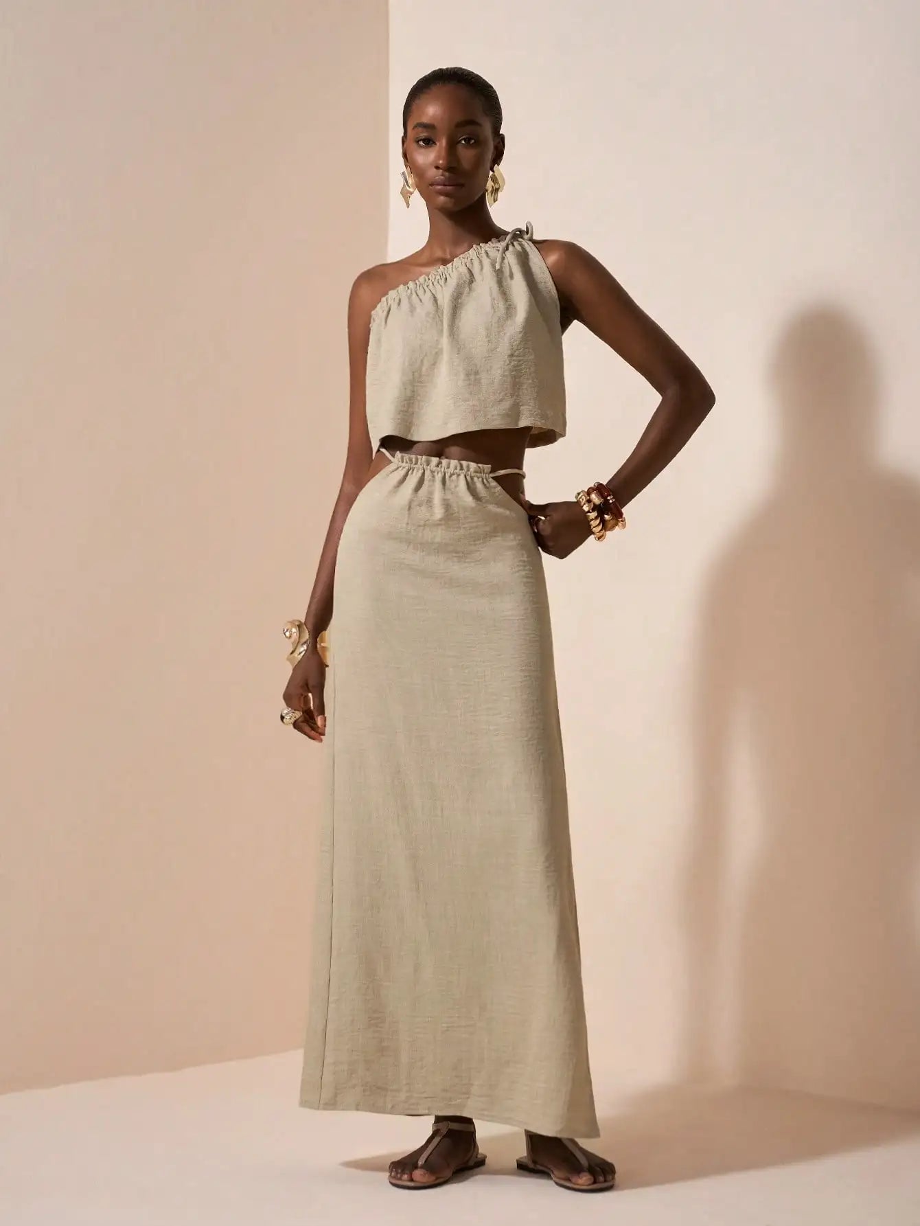 One-Shoulder Linen Two-Piece Set with Asymmetrical Waist, Beige Summer Outfit for Casual & Vacation