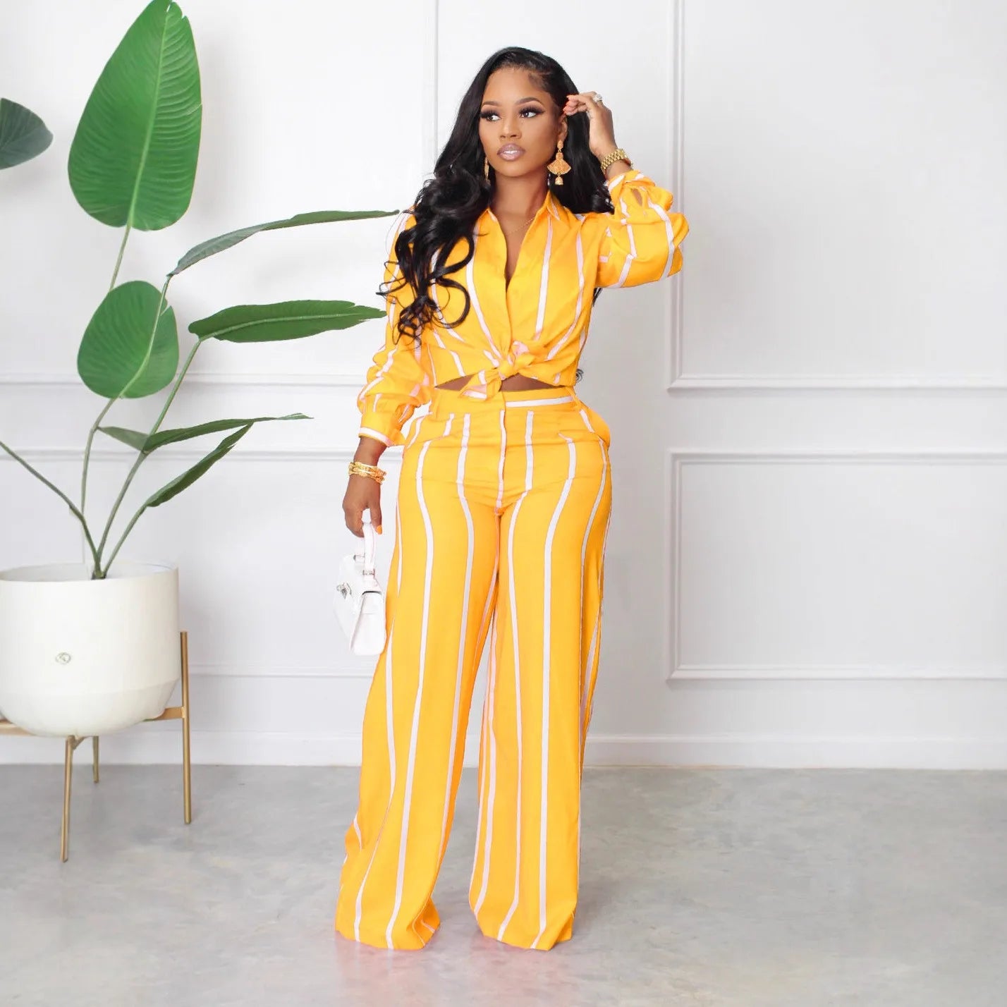 Women Outfit Two Piece Set Elegant Blouse Striped Print Long Sleeve Loose Fit Casual Summer Wear Female Clothing Sets Style