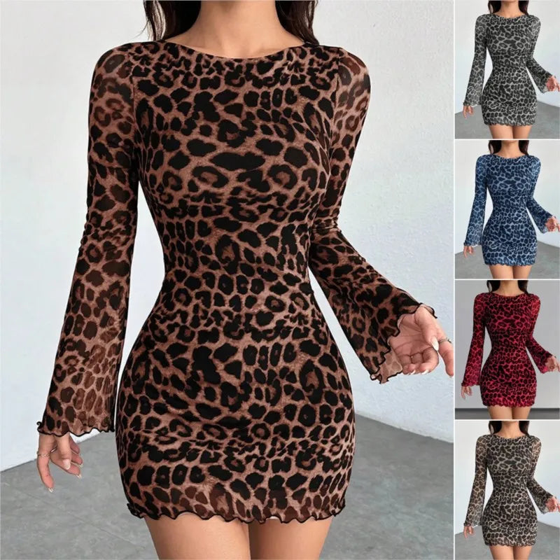 Fashion Bodycon Mini Dress Womens Leopard Print O Neck Long Sleeve Elegant Mesh Skirt Vacation Seaside Dresses For Women Vestido