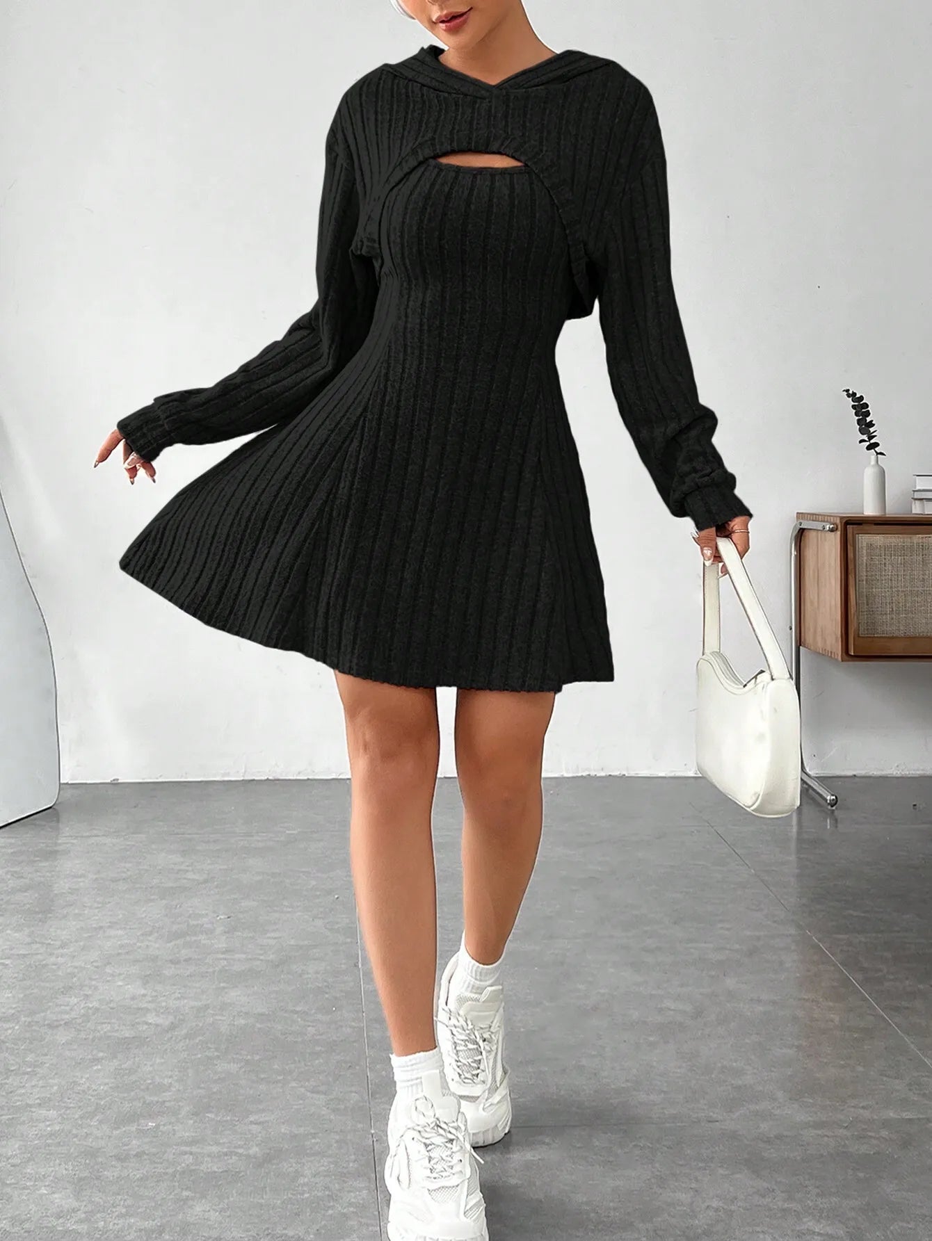 Women's Ribbed Knit Crop Top & Flared Skirt Set with Cutout Detail